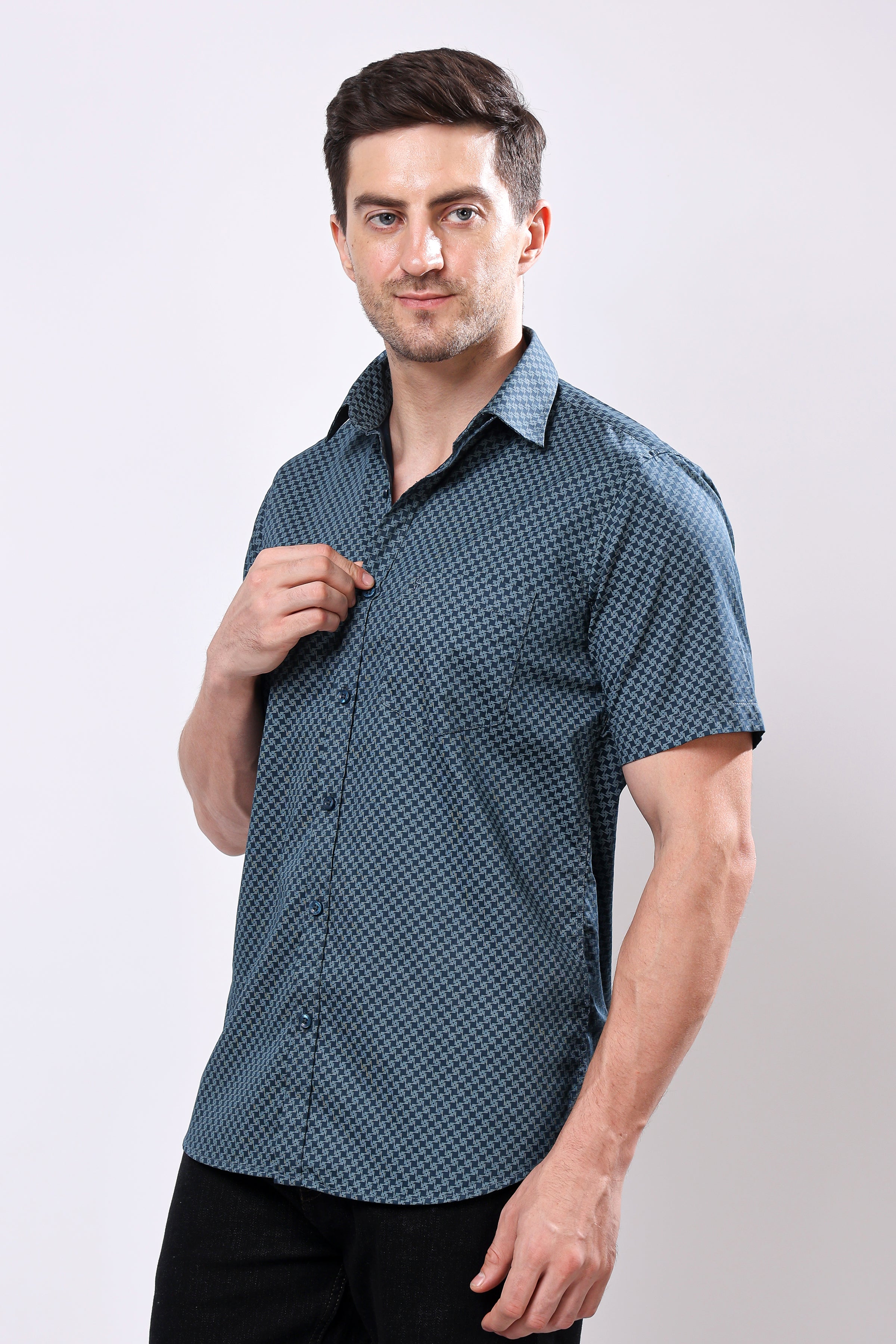Stylox Men's Half Sleeve Geometric Print Casual Shirt – Premium Cotton Blend Regular Fit Summer Shirt - Stylox