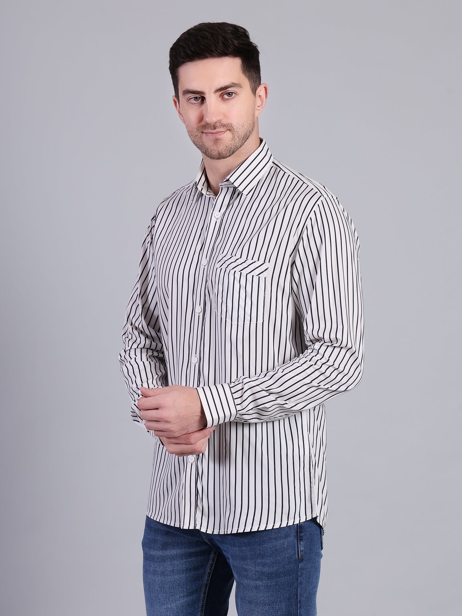 Stylox Men’s Regular Fit Vertical Striped Full Sleeve Casual Shirt-White - Stylox