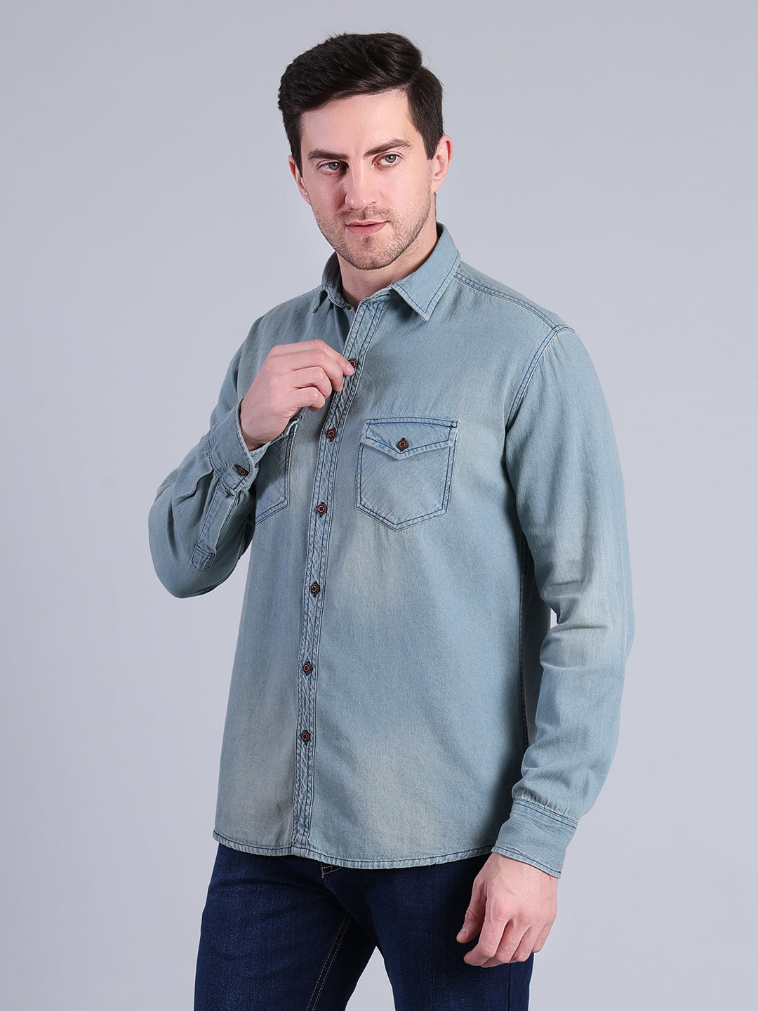 Stylox Men’s Light Wash Denim Shirt with Dual Chest Pockets - Stylox