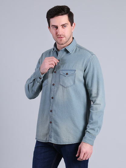 Stylox Men’s Light Wash Denim Shirt with Dual Chest Pockets