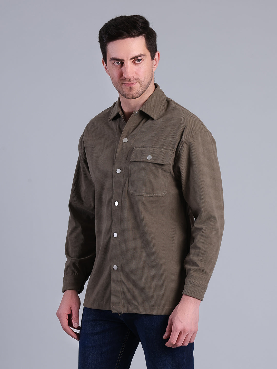 Stylox Men’s Textured Winter Shacket with Snap Button Closure (Olive)