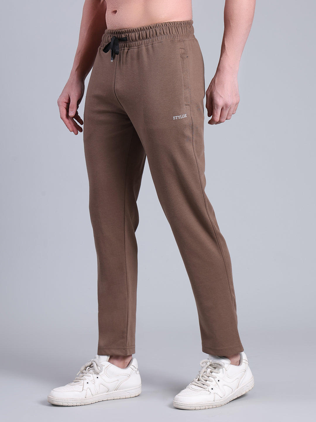 Stylox Men’s Slim Fit Stretchable Cotton Blend Trackpant with Elastic Waist & Drawstring (Brown) - Stylox