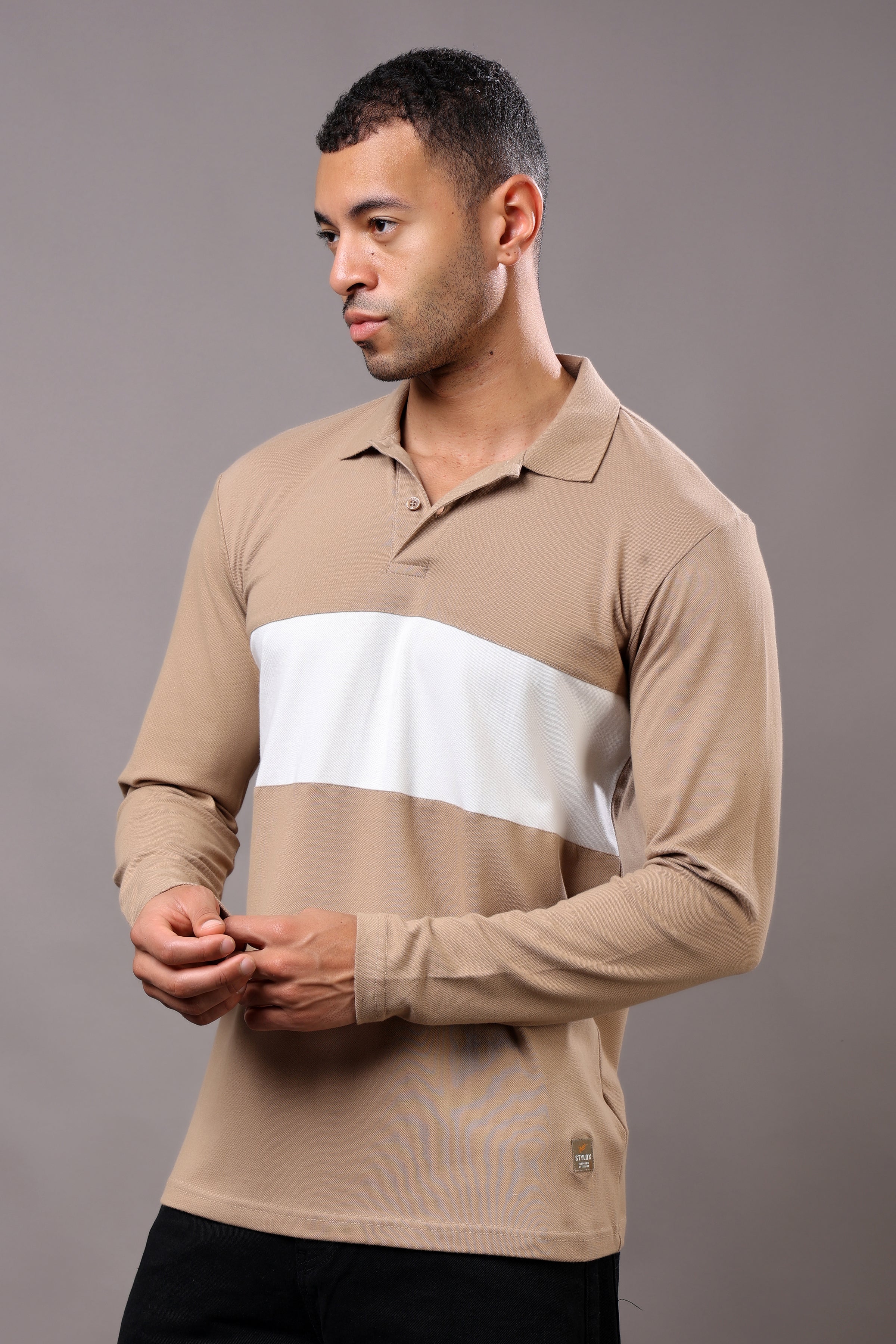 Stylox Men’s Long Sleeve Polo T-Shirt with Cut & Sew Design - Stylox