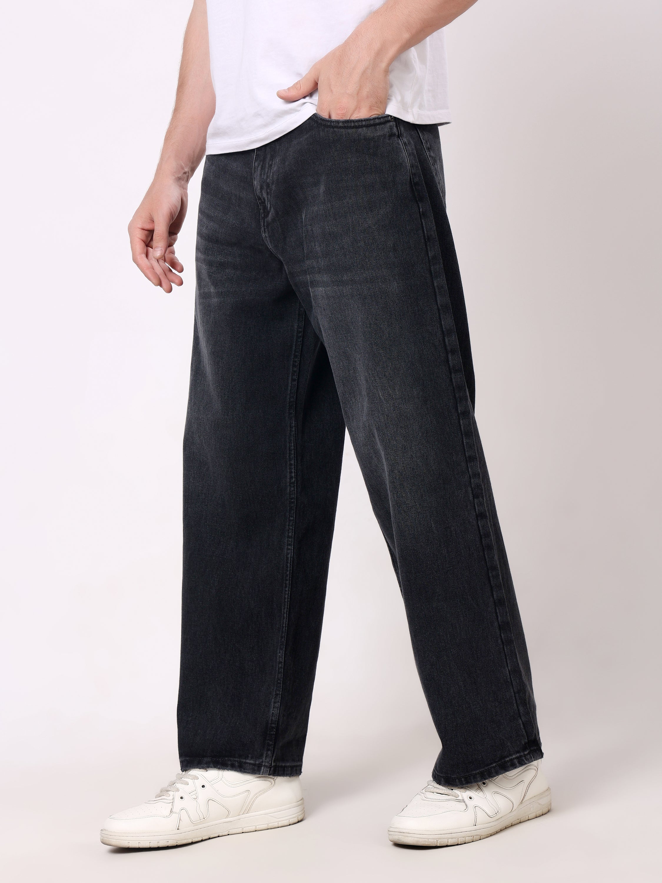 Stylox Men's Estern Black Super Baggy Fit Non-Stretchable Denim Jeans