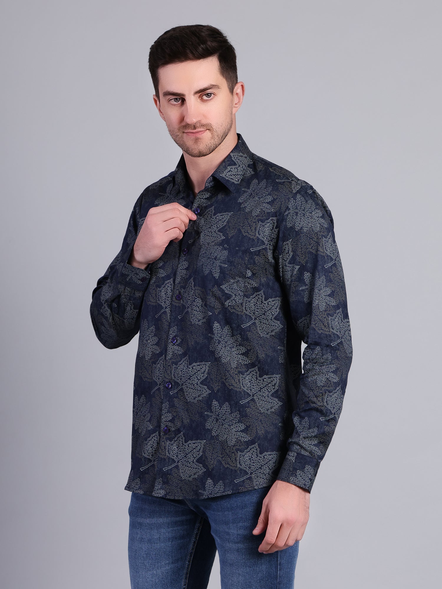 Stylox Men’s Regular Fit Leaf Printed Full Sleeve Casual Shirt-Blue - Stylox