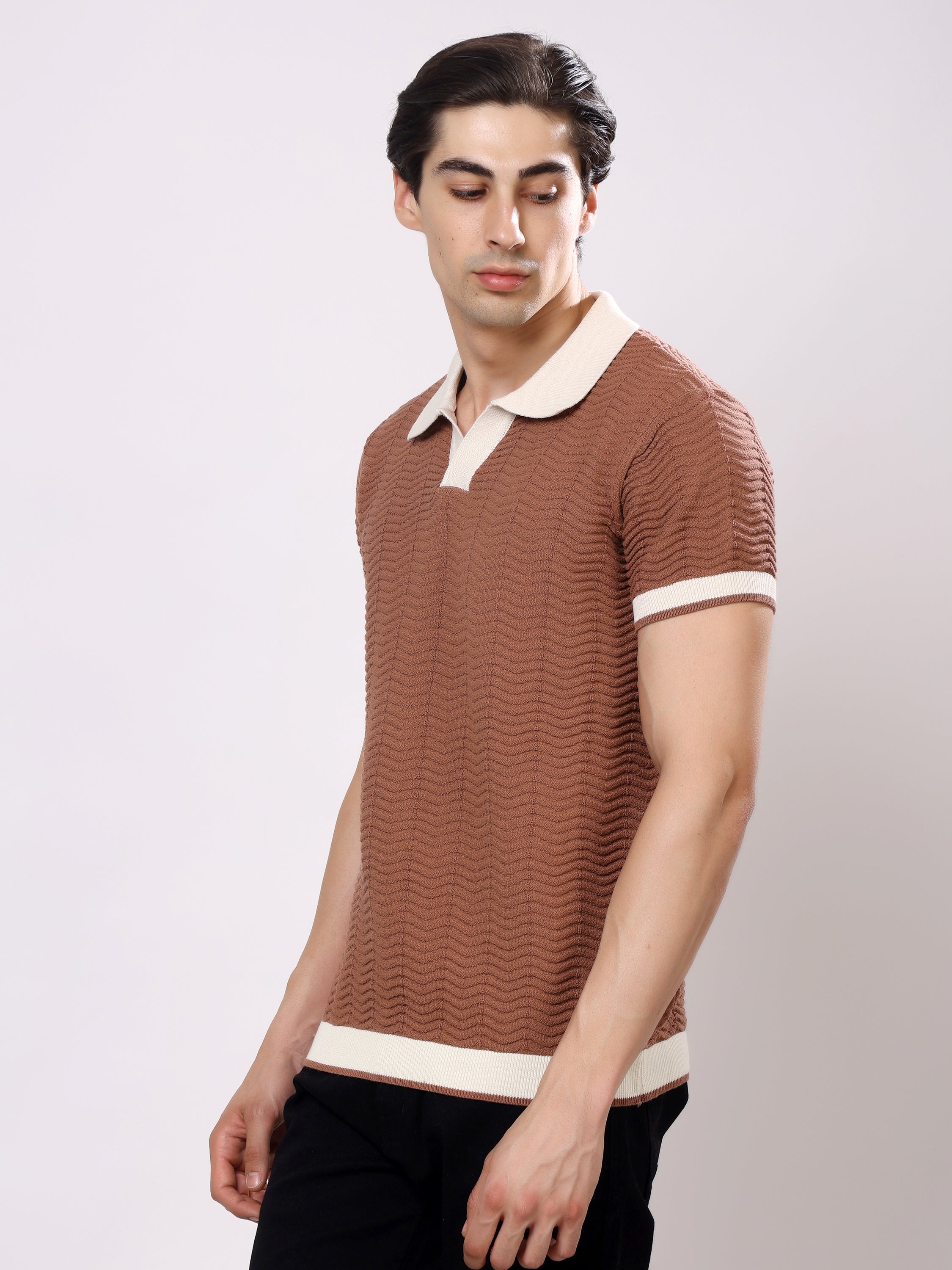 Stylox Men's Regular Fit Half Sleeve Textured Knitted Contrast Collar Polo Tee