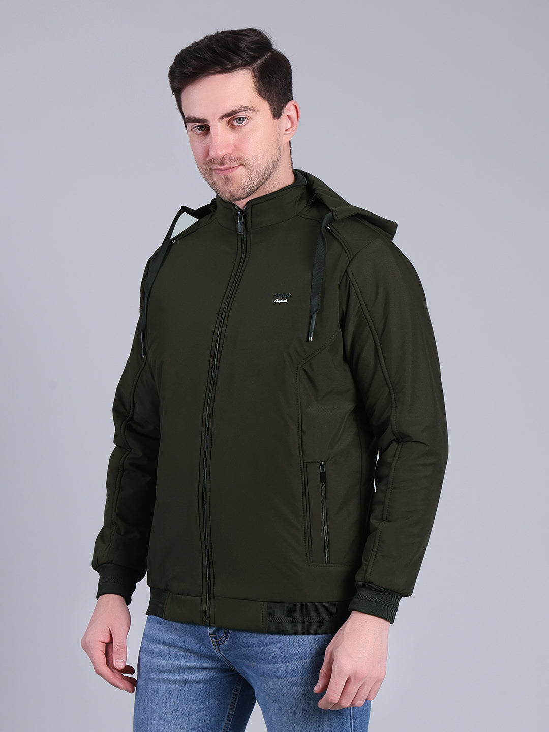 Stylox Men’s Solid Hooded Winter Jacket | Full Sleeve Zip-Up Casual Jacket with Pockets