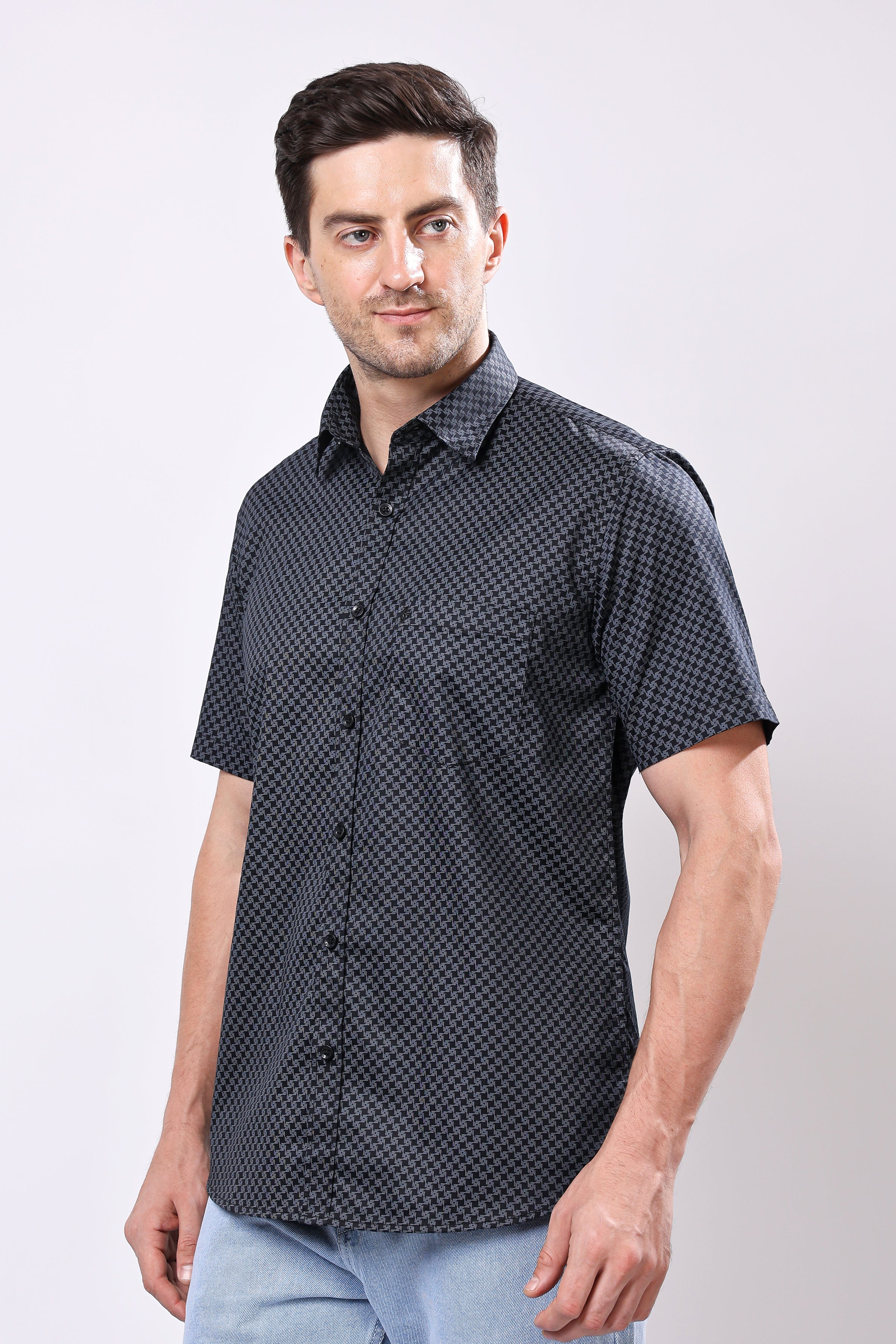 Stylox Men's Half Sleeve Geometric Print Casual Shirt – Premium Cotton Blend Regular Fit Summer Shirt - Stylox