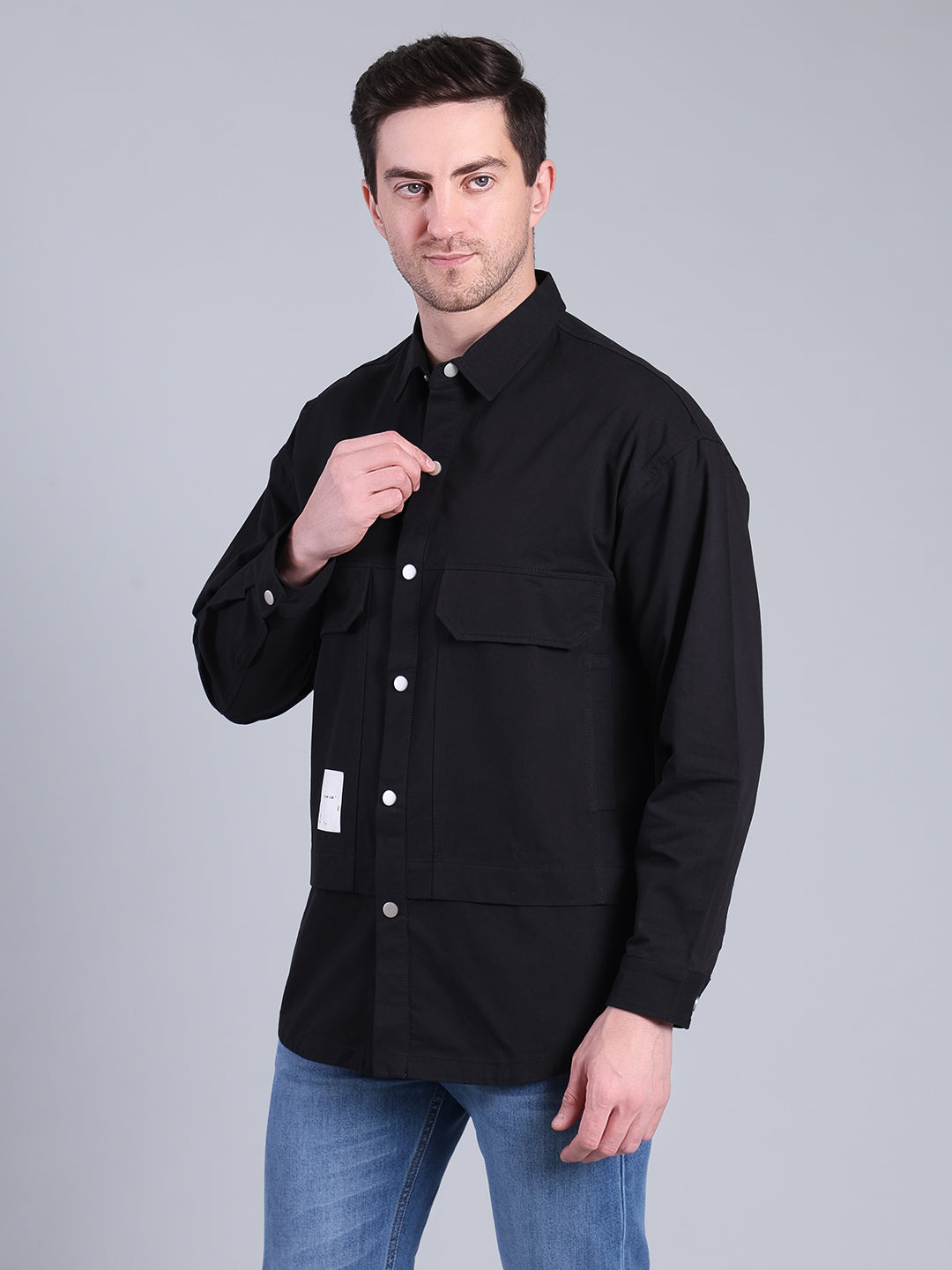 Stylox Men’s Solid Winter Shacket with Snap Buttons & Utility Pockets (Black) - Stylox