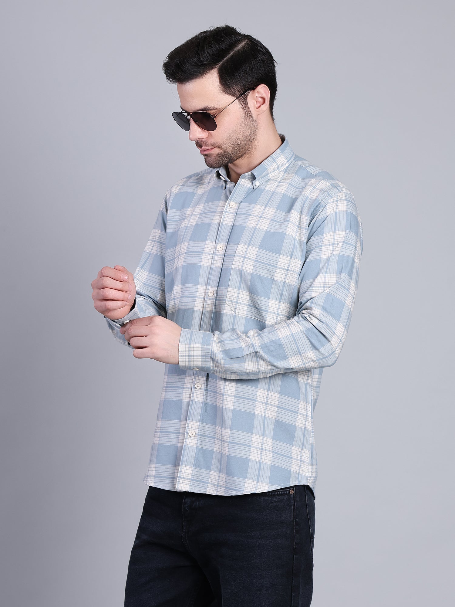 Stylox Men’s Checkered Full Sleeve Casual Shirt-Light Blue - Stylox