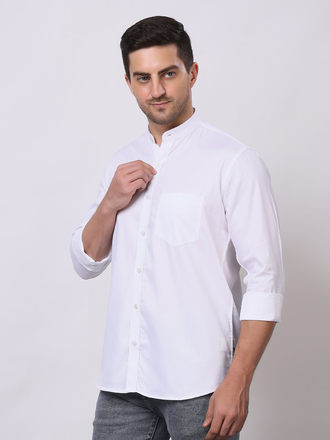 Stylox Men's Full Sleeve Solid White Casual Shirt with Mandarin Collar – Premium Cotton Blend Regular Fit Shirt for Smart & Minimal Everyday Style - Stylox