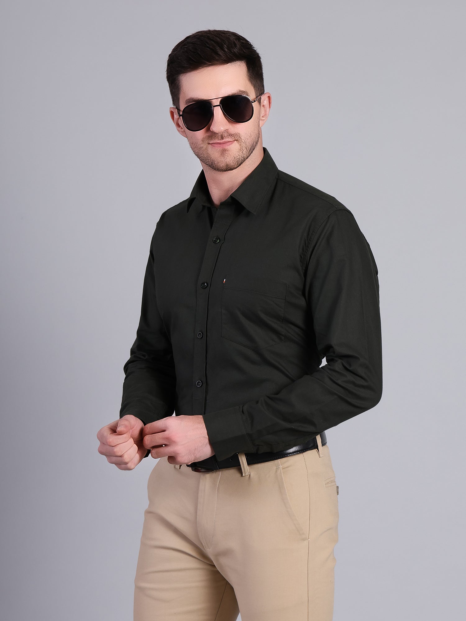 Stylox Men’s Regular Fit Solid Oxford Casual Shirt-Dark Green - Stylox