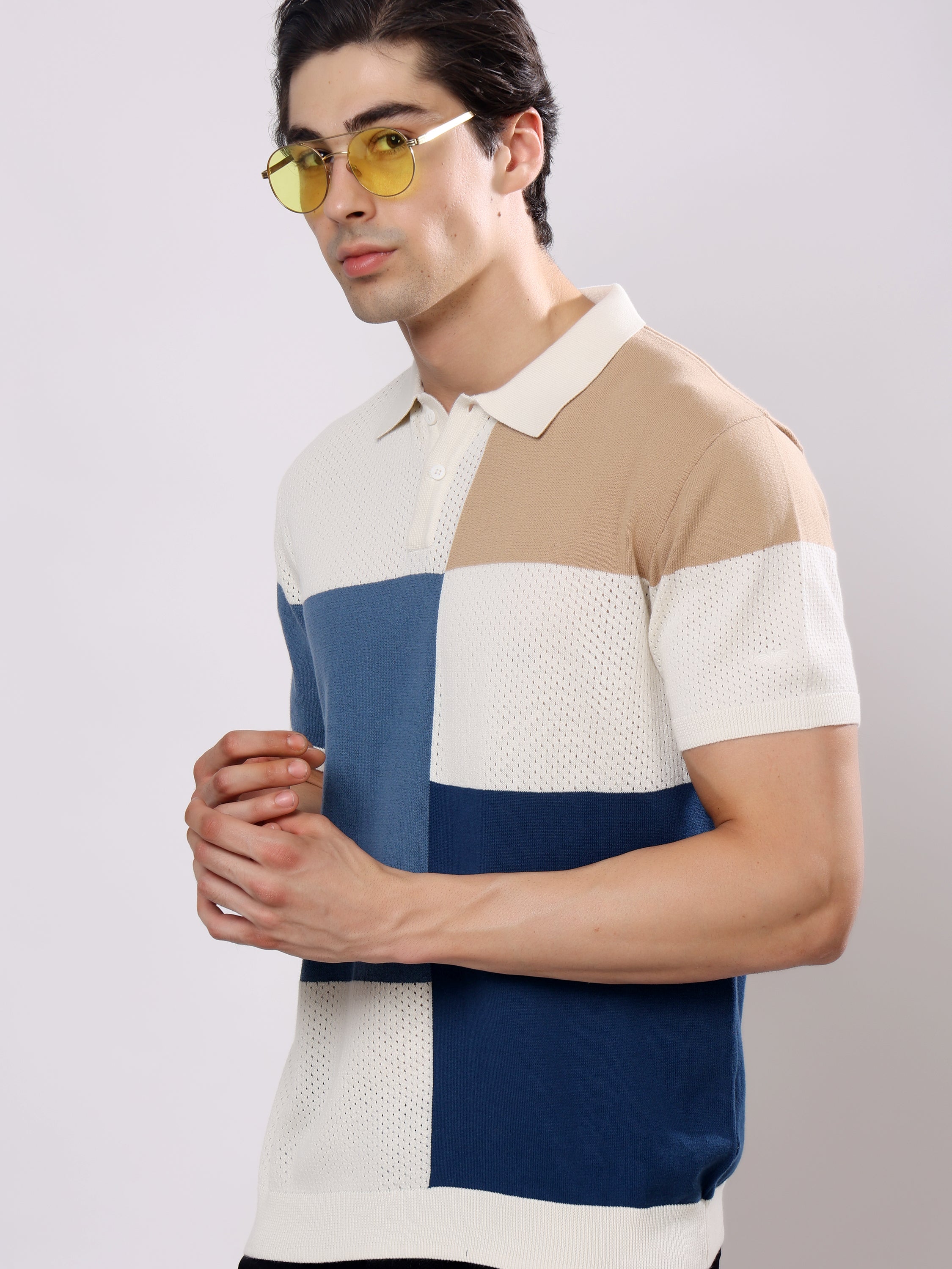 Stylox Men's Regular Fit Half Sleeve Color Block Knitted Polo T-Shirt