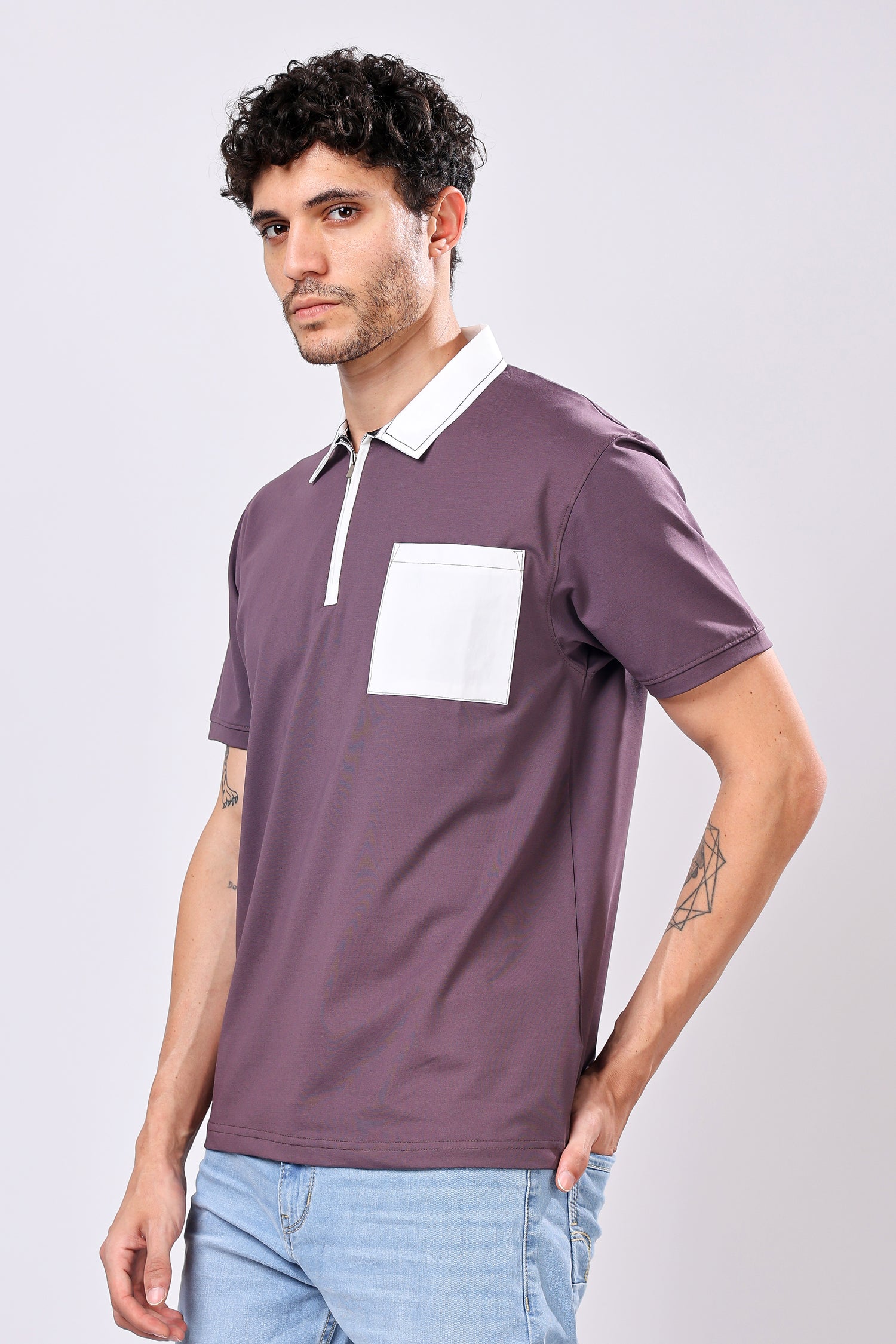 Stylox Men’s Regular Fit Contrast Collar Half Sleeve T-Shirt with Front Pocket &amp; Zip Neck | Casual Stylish Cotton Blend Tee