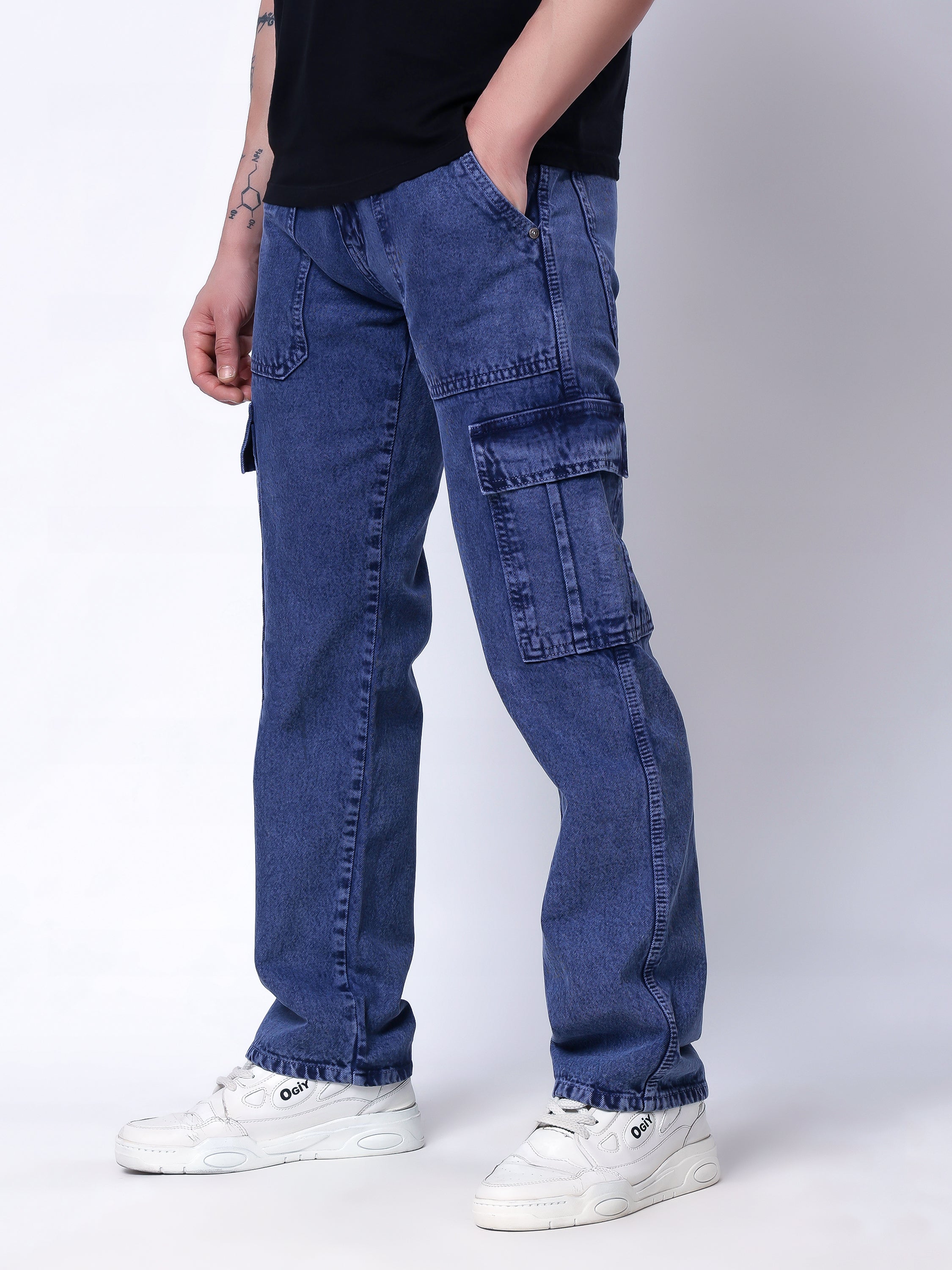 Stylox Men’s Comfort Fit Non-Stretch Cargo Jeans with Multi Pockets-Mid Light Blue