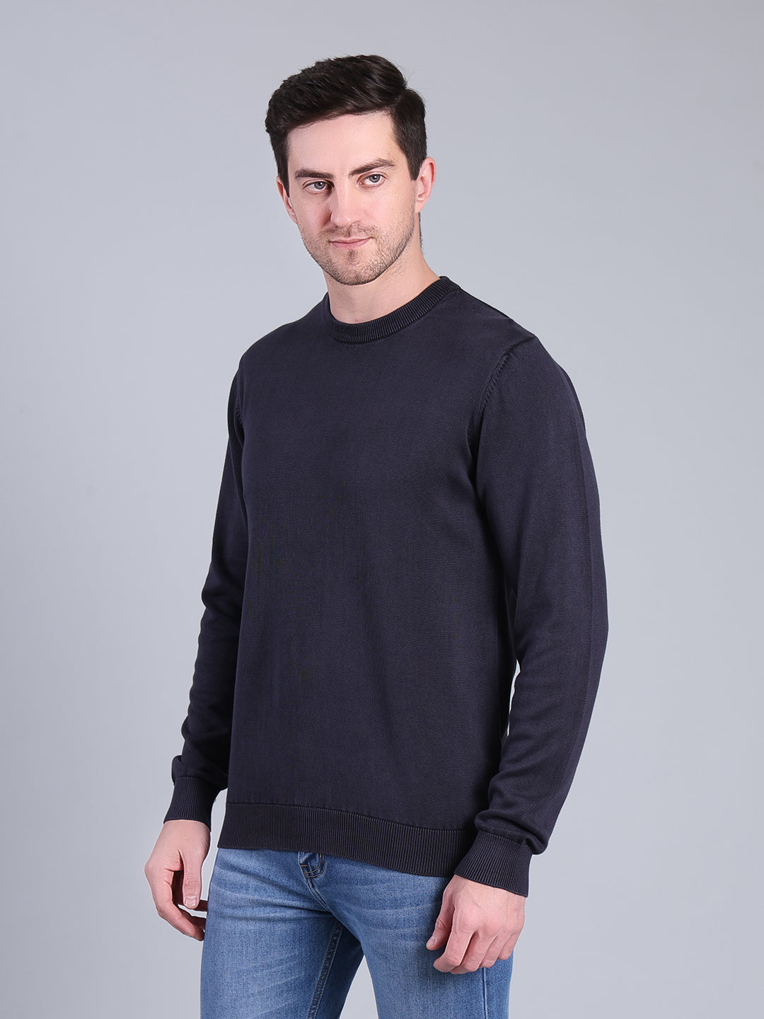 Stylox Men’s Full Sleeve Round Neck Sweater | Solid Slim Fit Knitted Winter Pullover (Navy) - Stylox