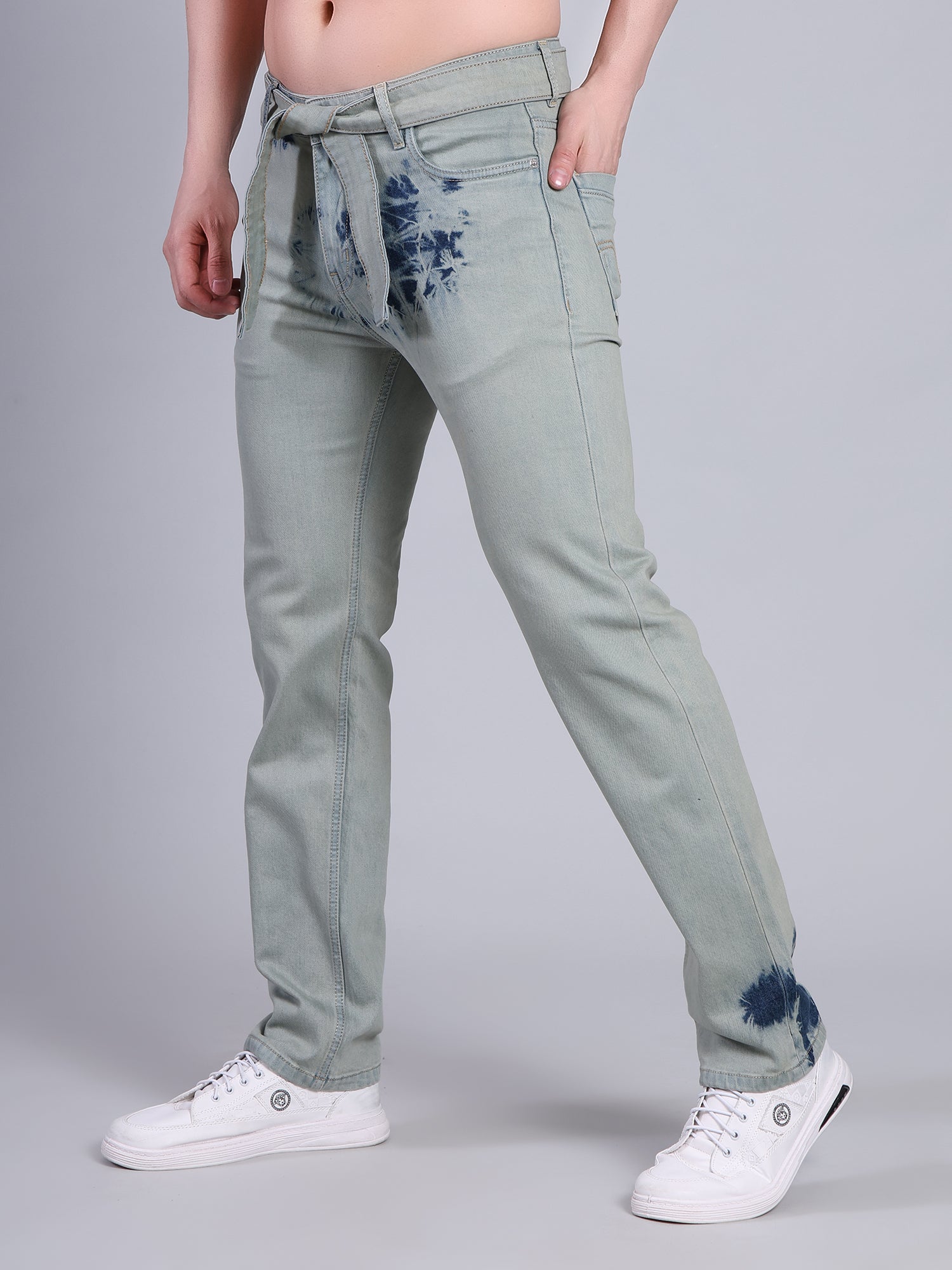 Stylox Men’s Comfort Fit Washed Stretchable Denim Jeans with Belt-Greenish Blue - Stylox