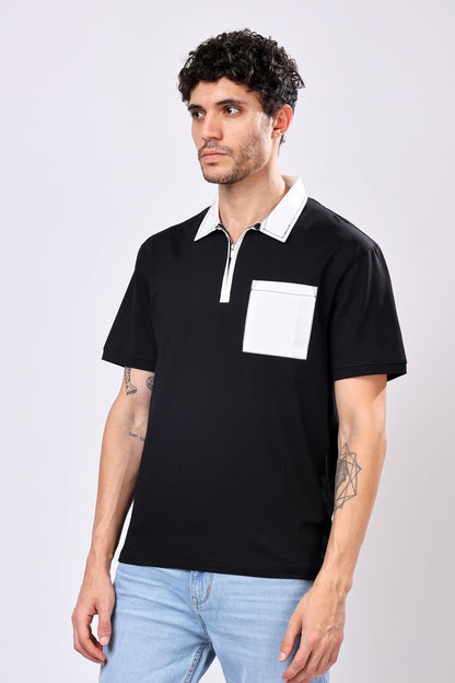 Stylox Men’s Regular Fit Contrast Collar Half Sleeve T-Shirt with Front Pocket &amp; Zip Neck | Casual Stylish Cotton Blend Tee