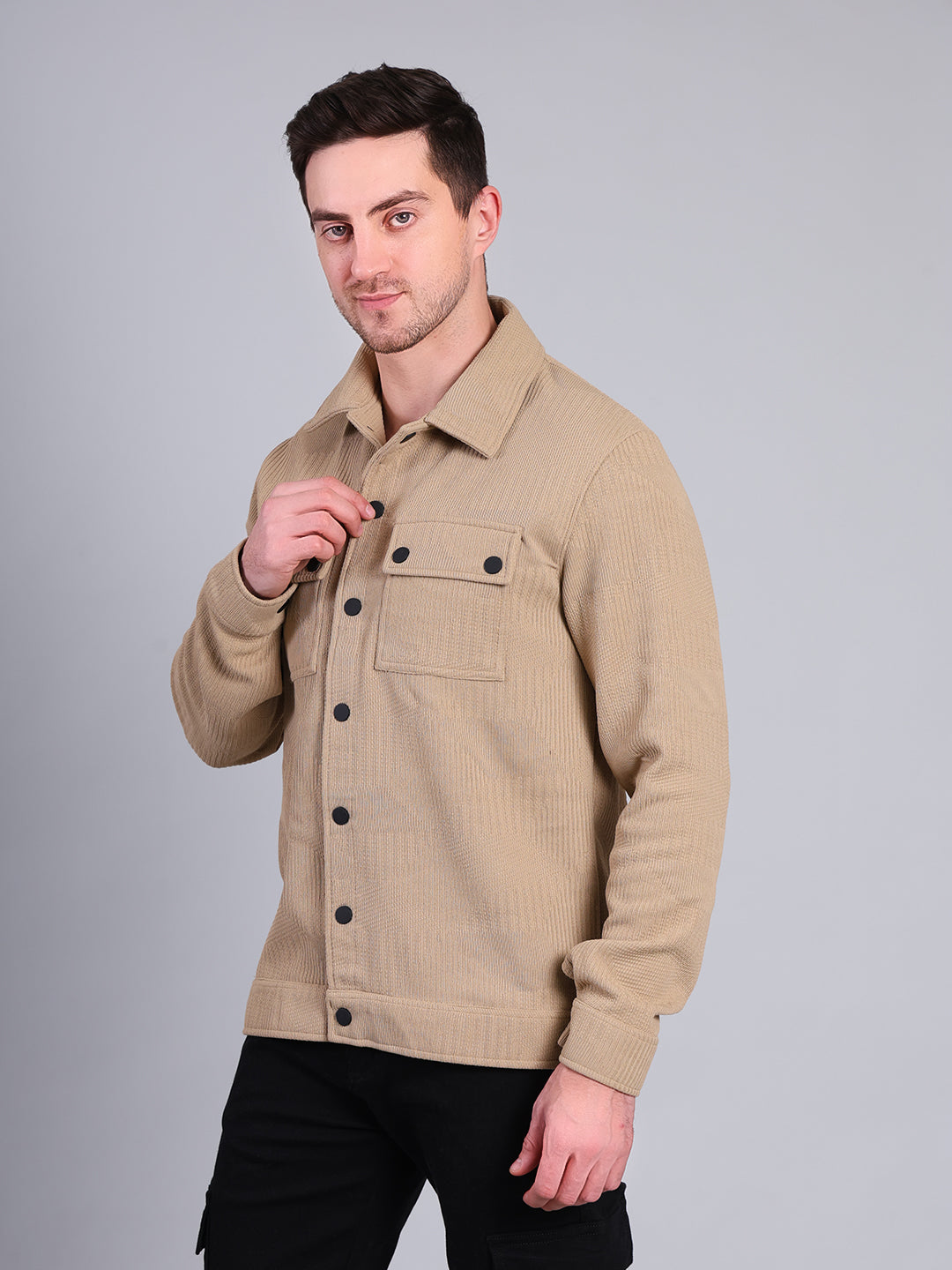 Stylox Men’s Winter Shacket | Solid Button-Down Shirt Jacket with Chest Pockets | Warm Casual Outerwear