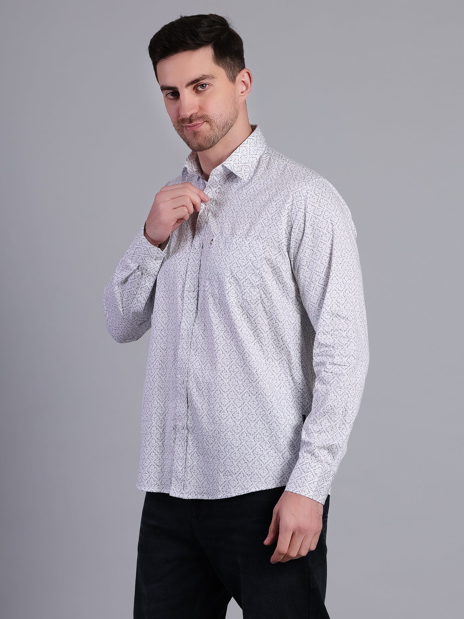 Stylox Men’s Regular Fit Full Sleeve Leaf Print Casual Cotton Shirt-White - Stylox
