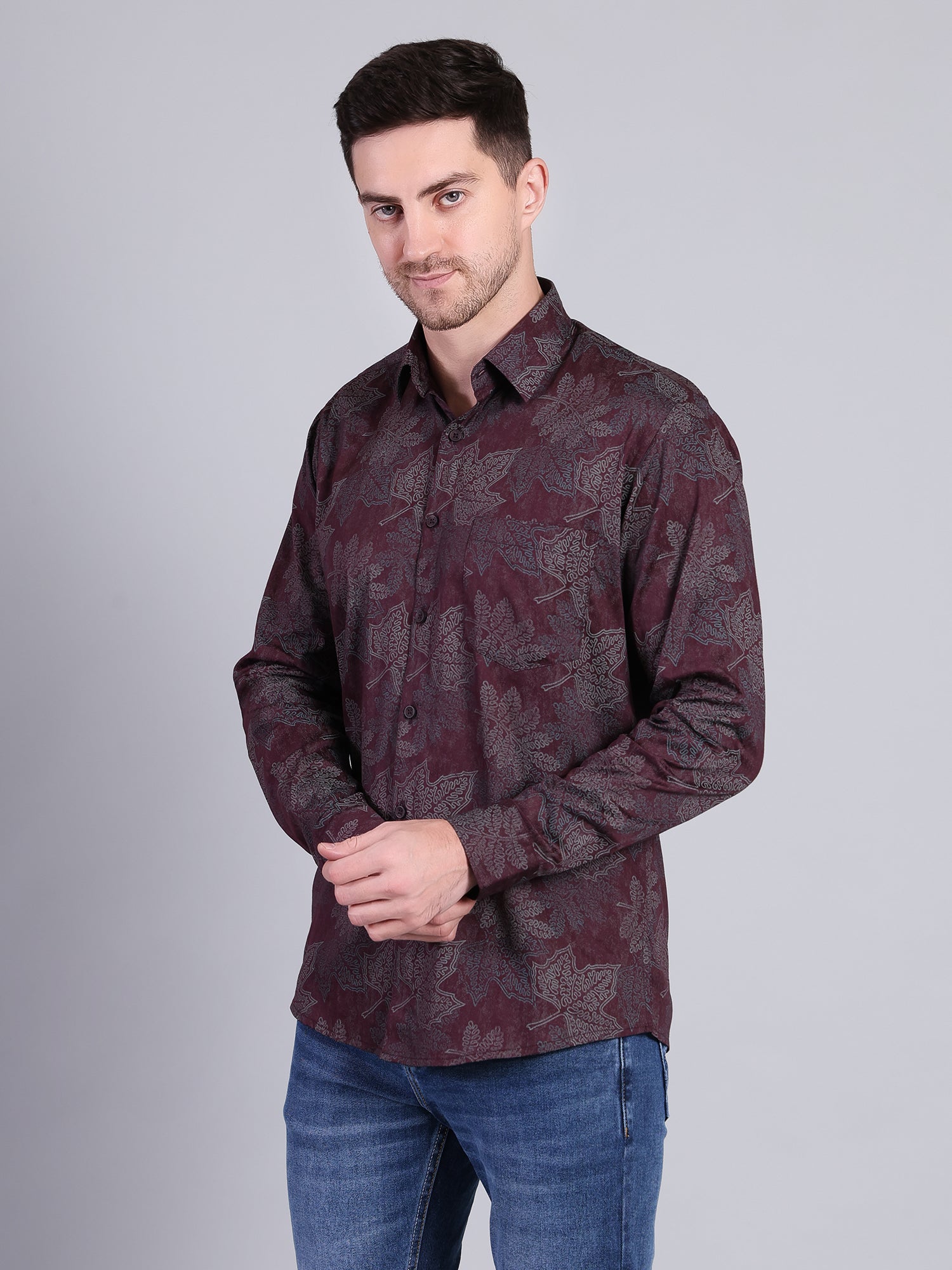 Stylox Men’s Regular Fit Leaf Printed Full Sleeve Casual Shirt-Maroon - Stylox