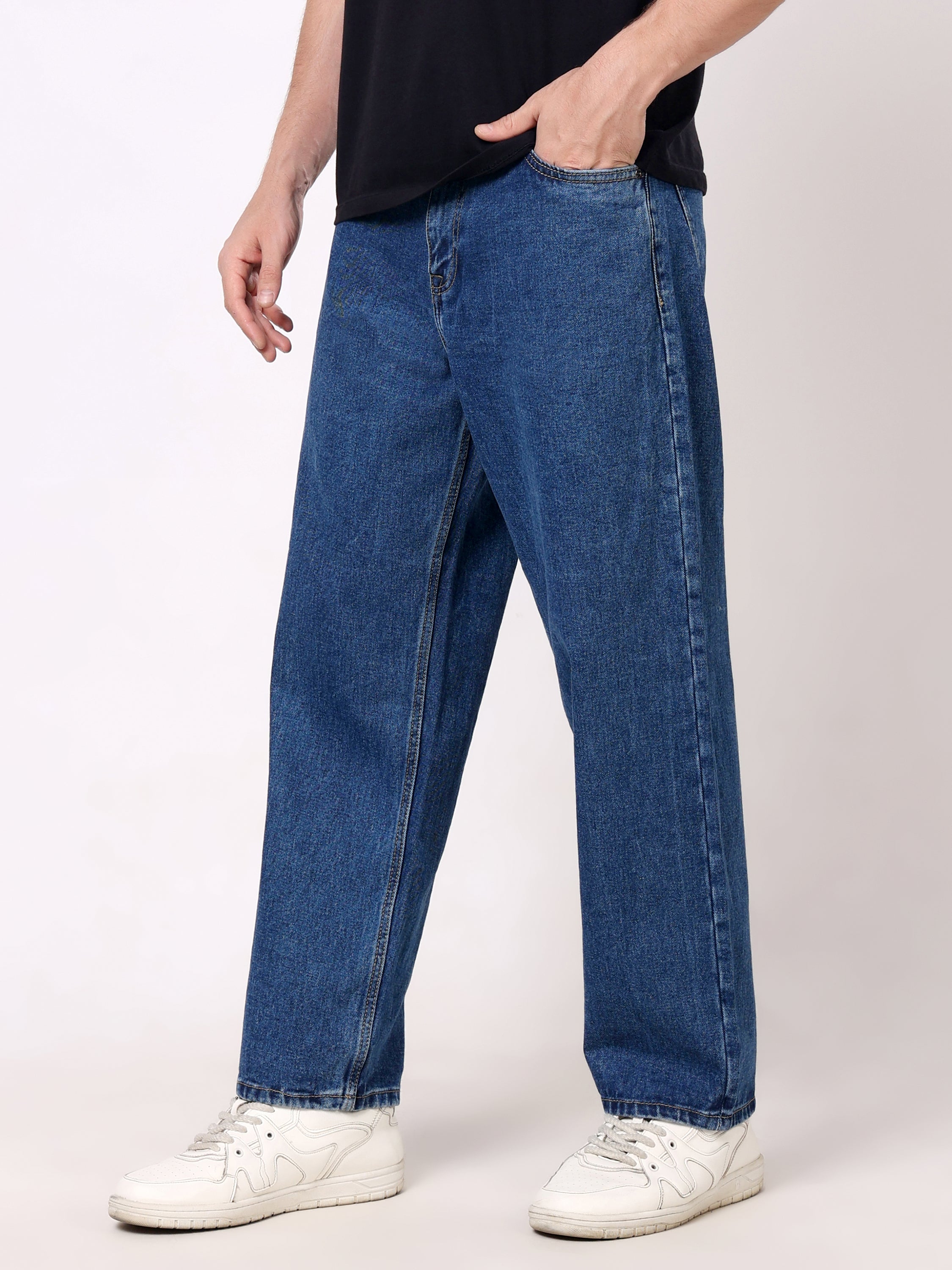 Stylox Men's Mid Indigo Super Baggy Fit Non-Stretchable Denim Jeans