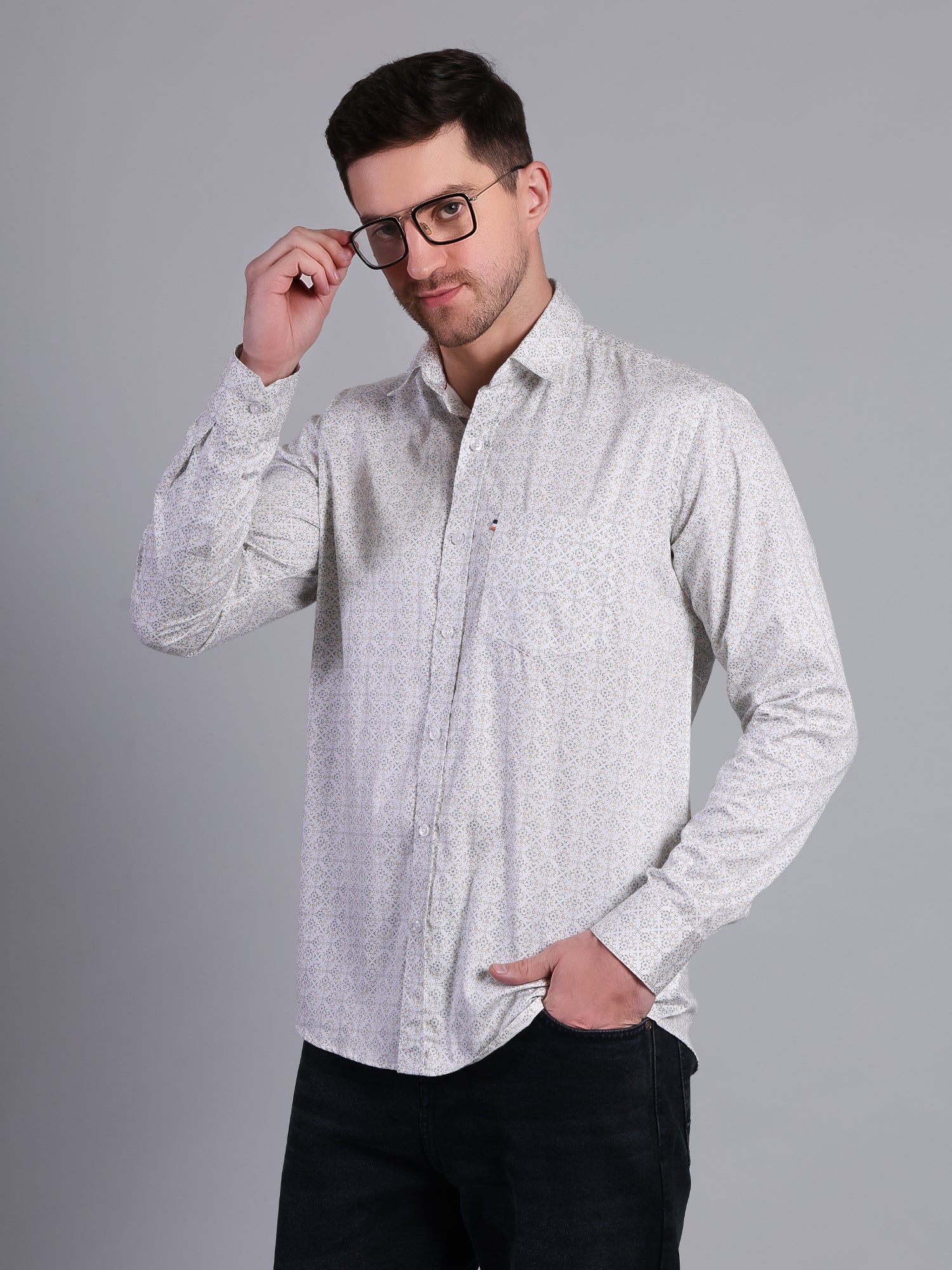 Stylox Men’s Regular Fit Full Sleeve Cotton Floral Print Casual Shirt-White - Stylox