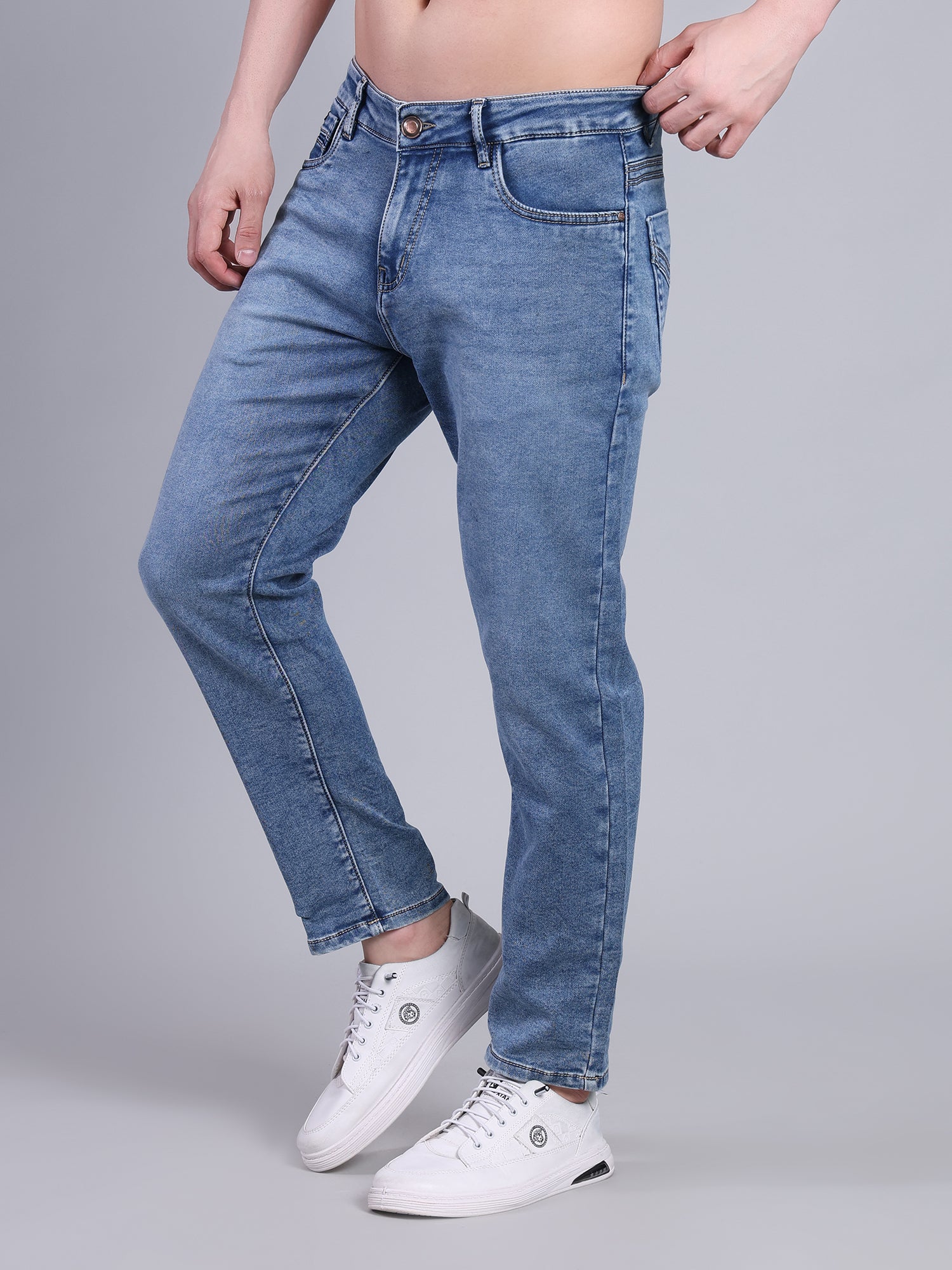 Stylox Men’s Ankle Fit Mid Rise Stretchable Denim Jeans-Light Blue - Stylox