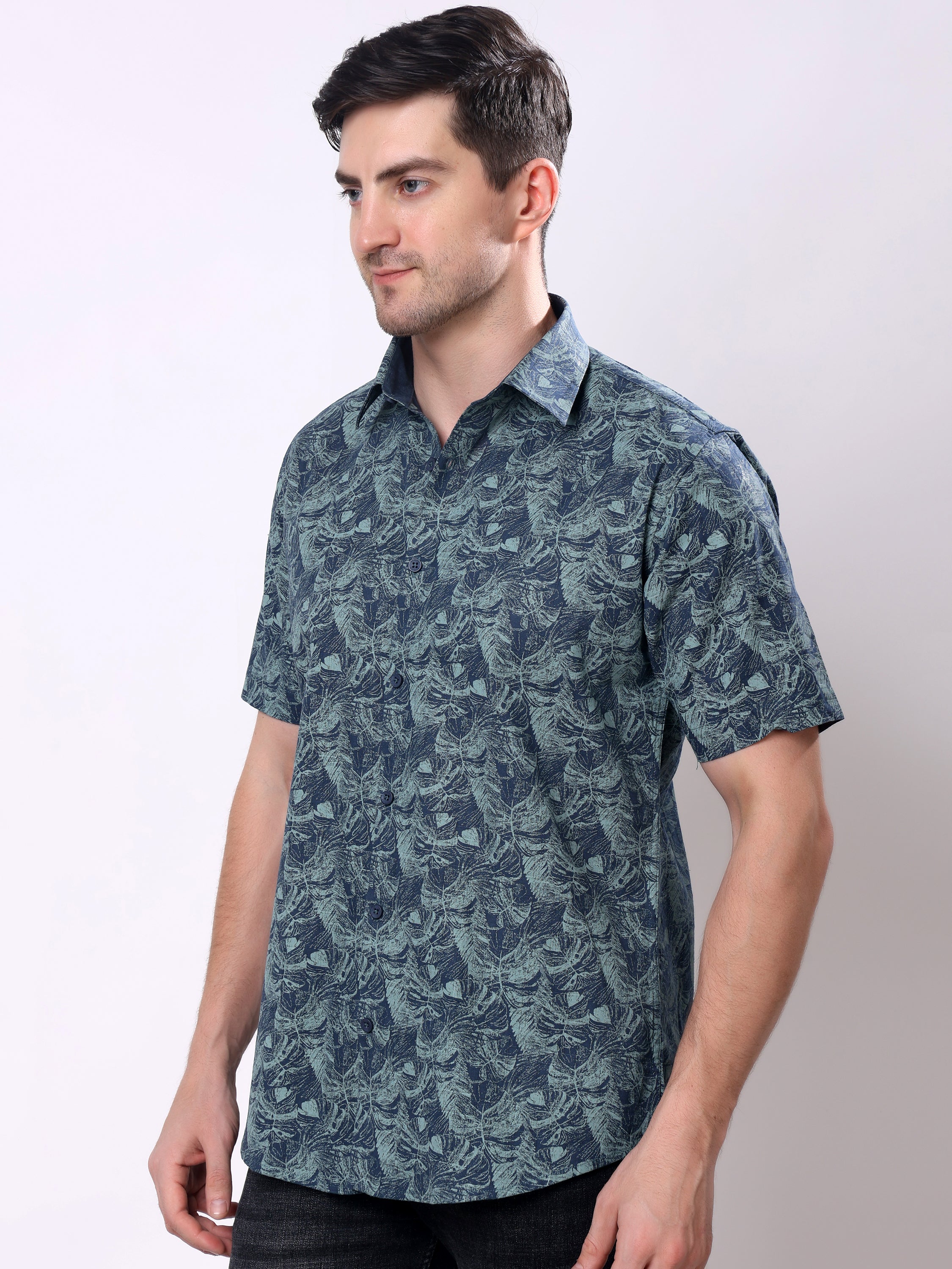 Stylox Men’s Regular Fit Half Sleeve Tropical Leaf Printed Casual Summer Shirt - Stylox