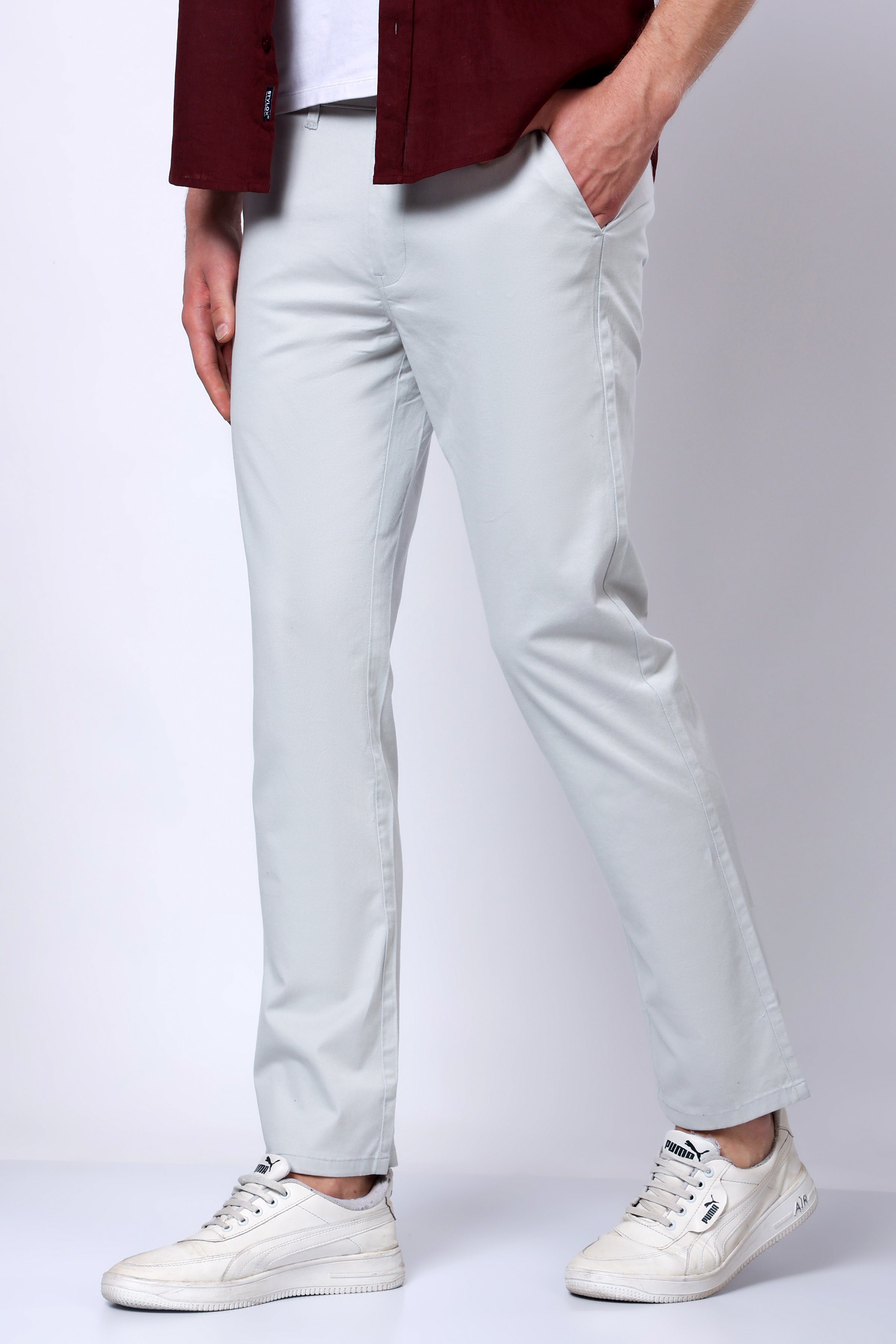 Stylox Men’s Straight Fit Casual Trousers with Comfort-Light Grey - Stylox