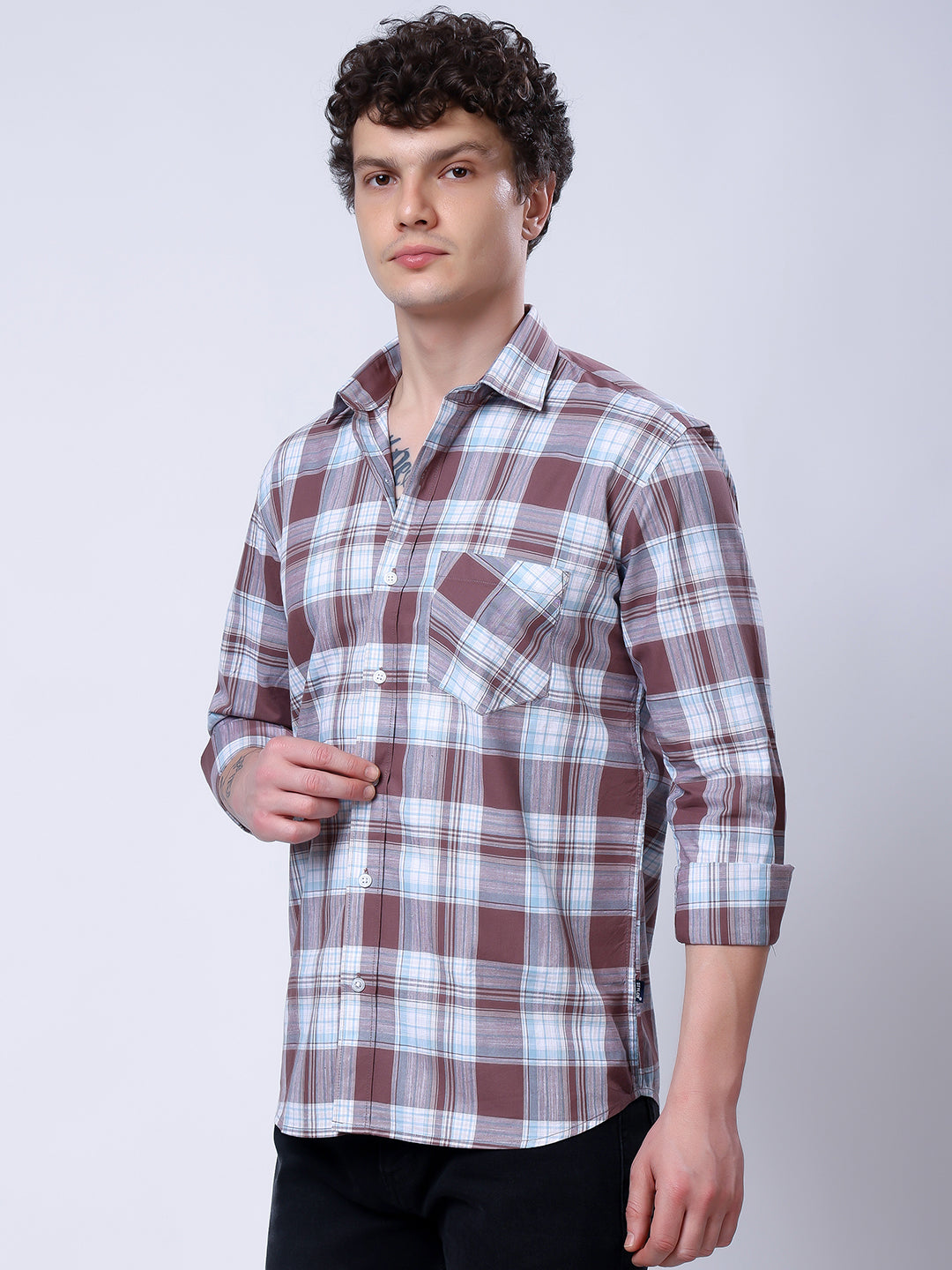 Stylox Men’s Regular Fit Full Sleeve Casual Check Shirt–Brown & Sky Blue - Stylox