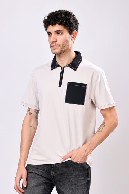 Stylox Men’s Regular Fit Contrast Collar Half Sleeve T-Shirt with Front Pocket &amp; Zip Neck | Casual Stylish Cotton Blend Tee