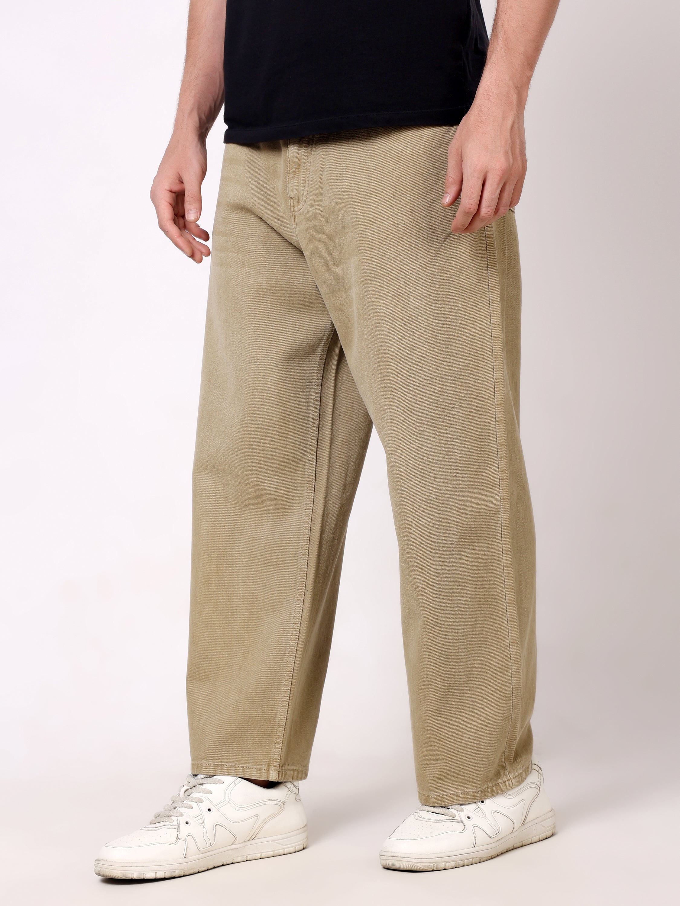 Stylox Men's Khaki Super Baggy Fit Non-Stretchable Denim Jeans