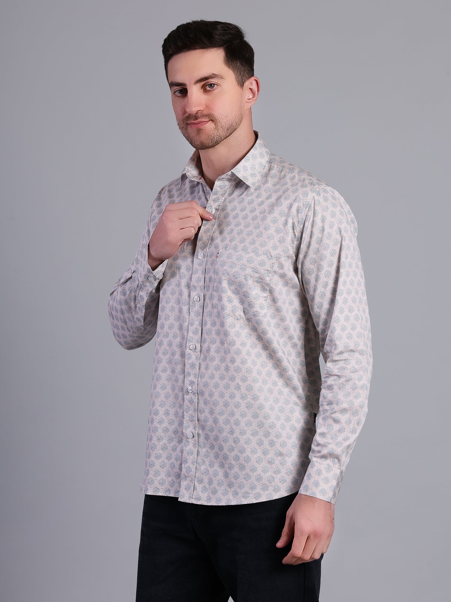Stylox Men’s Printed Casual Shirt | Slim Fit Full Sleeve Shirt for Men-Cream - Stylox