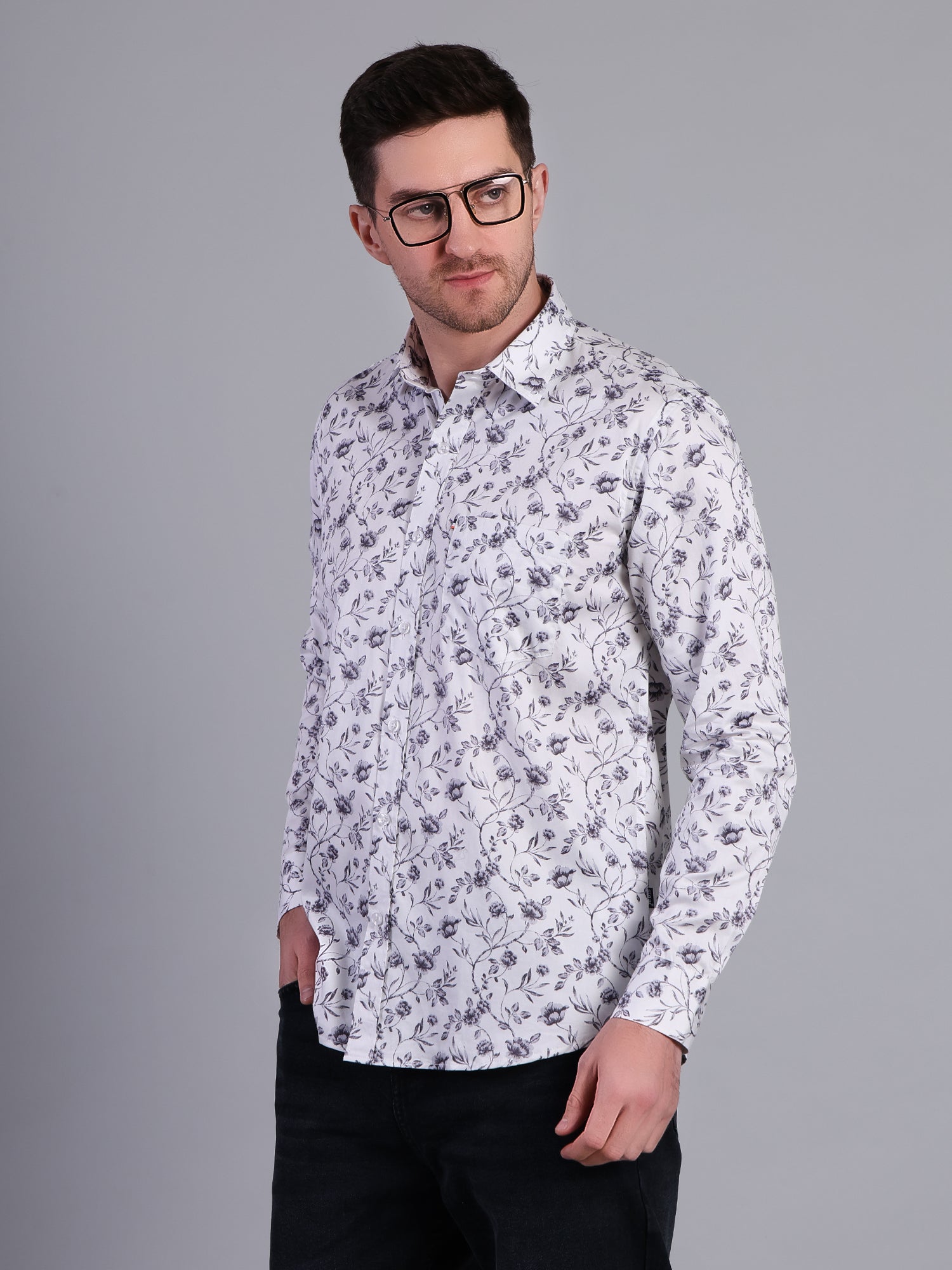 Stylox Men’s Regular Fit Full Sleeve Floral Print Casual Cotton Shirt-White - Stylox