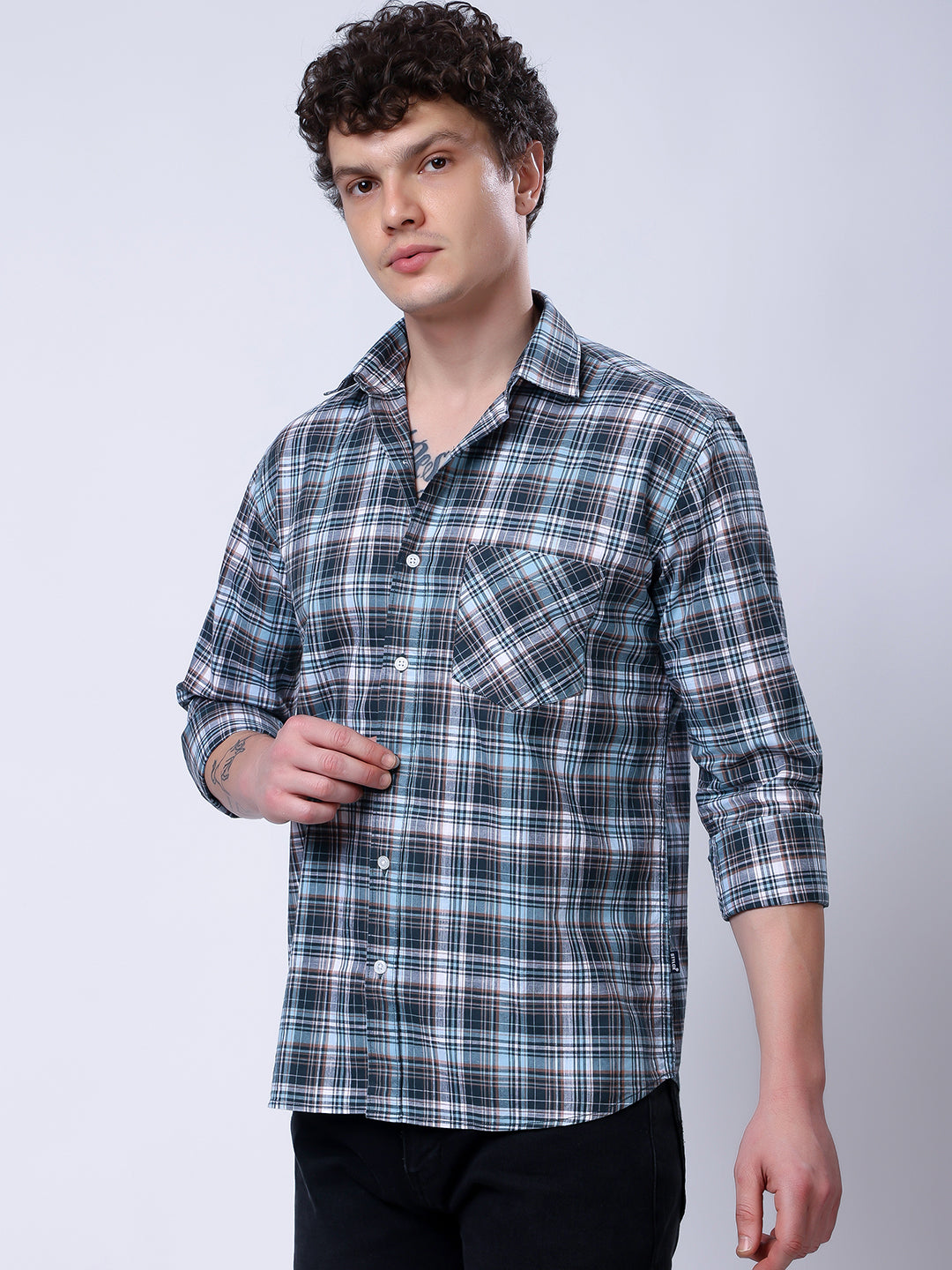 Stylox Men’s Regular Fit Full Sleeve Casual Check Shirt–Green & Grey - Stylox