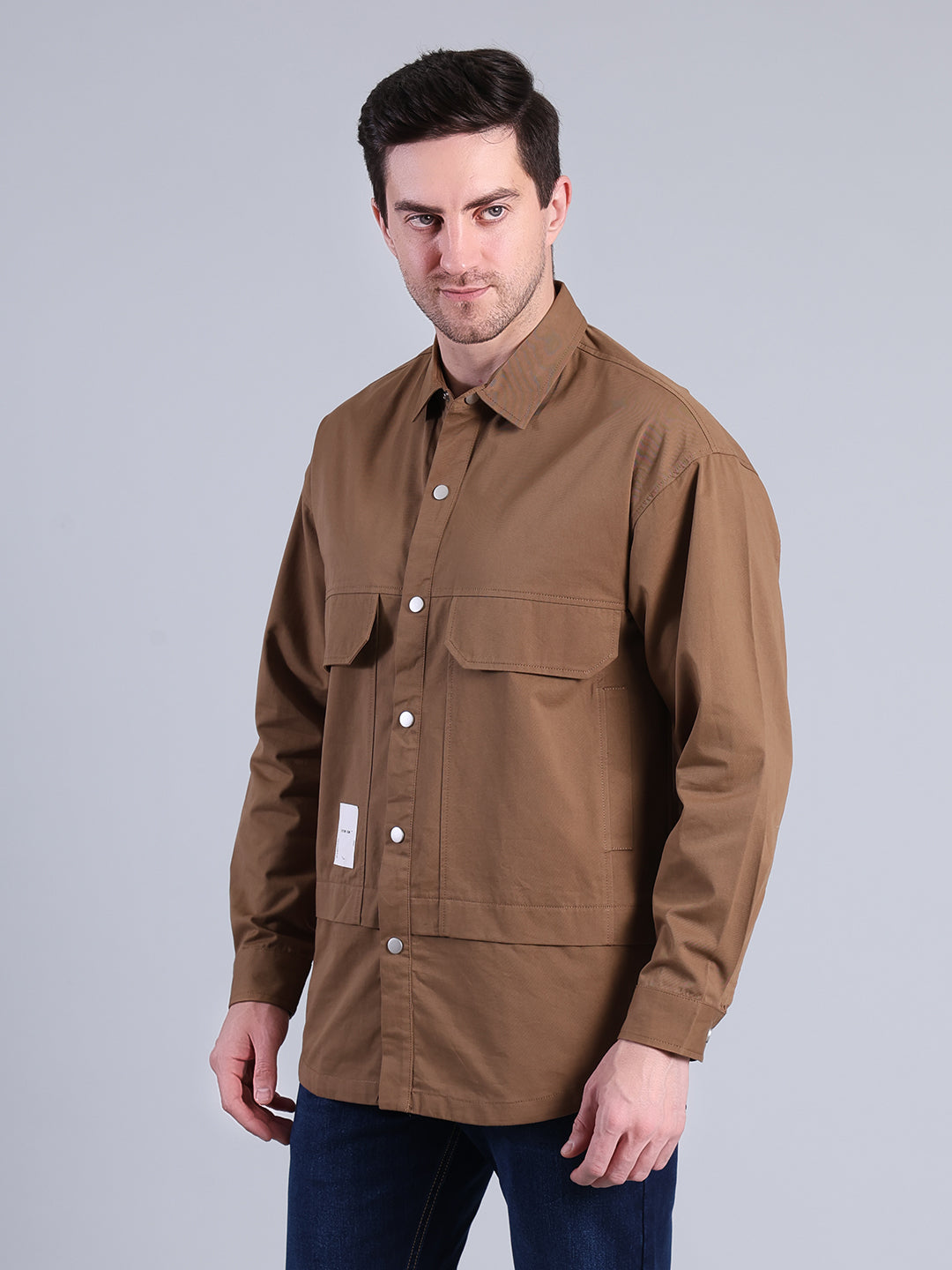 Stylox Men’s Solid Winter Shacket with Snap Buttons & Utility Pockets (Brown) - Stylox