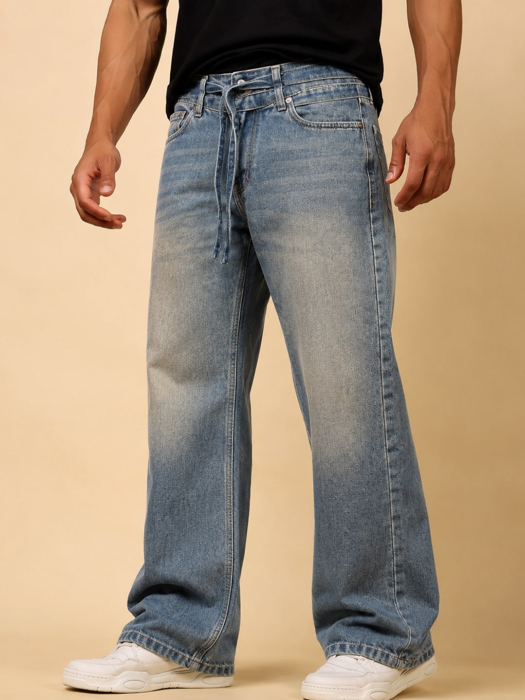 Stylox Men’s Baggy Fit Stretchable Wide Leg Denim Jeans with Tie-Waist Detail