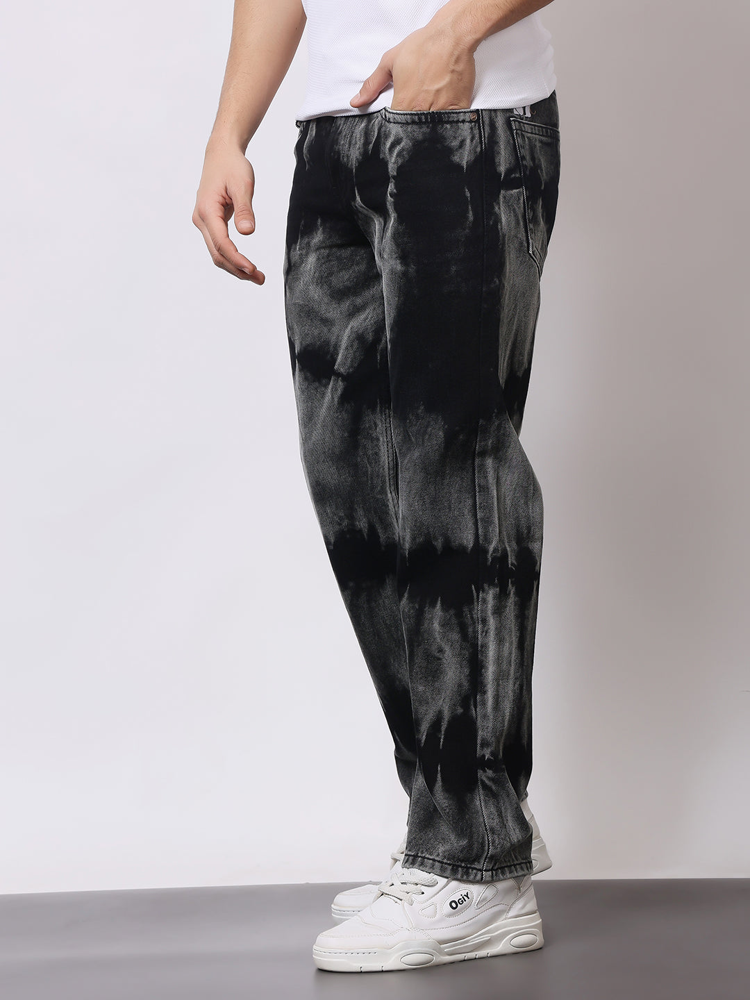 Stylox Men’s Relaxed Fit Black Tie-Dye Washed Jeans | Trendy Acid Wash Straight Fit Denim for Streetwear Style - Stylox