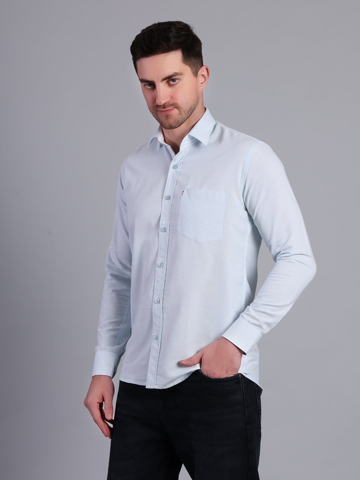 Stylox Men’s Green Striped Casual Shirt | Regular Fit Cotton Shirt for Men-Sky Blue - Stylox