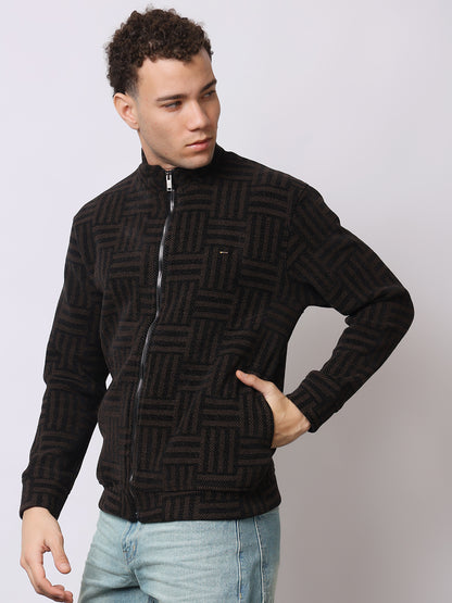 Stylox Men’s Black Textured Full-Zip Winter Jacket – Warm Fleece-Lined High Neck Sweatshirt for Casual Wear