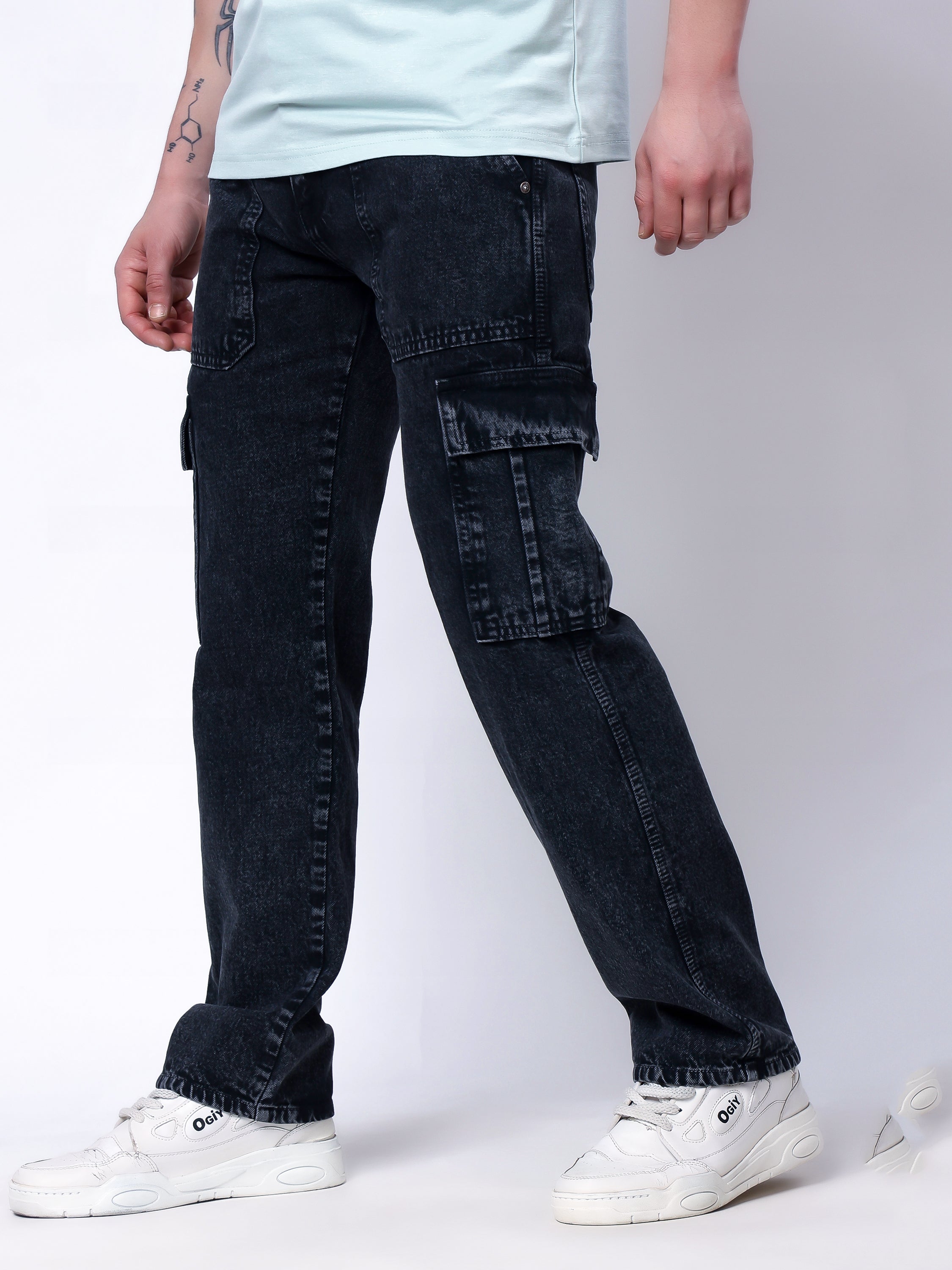 Stylox Men’s Comfort Fit Non-Stretch Cargo Jeans with Multi Pockets-Dark Grey