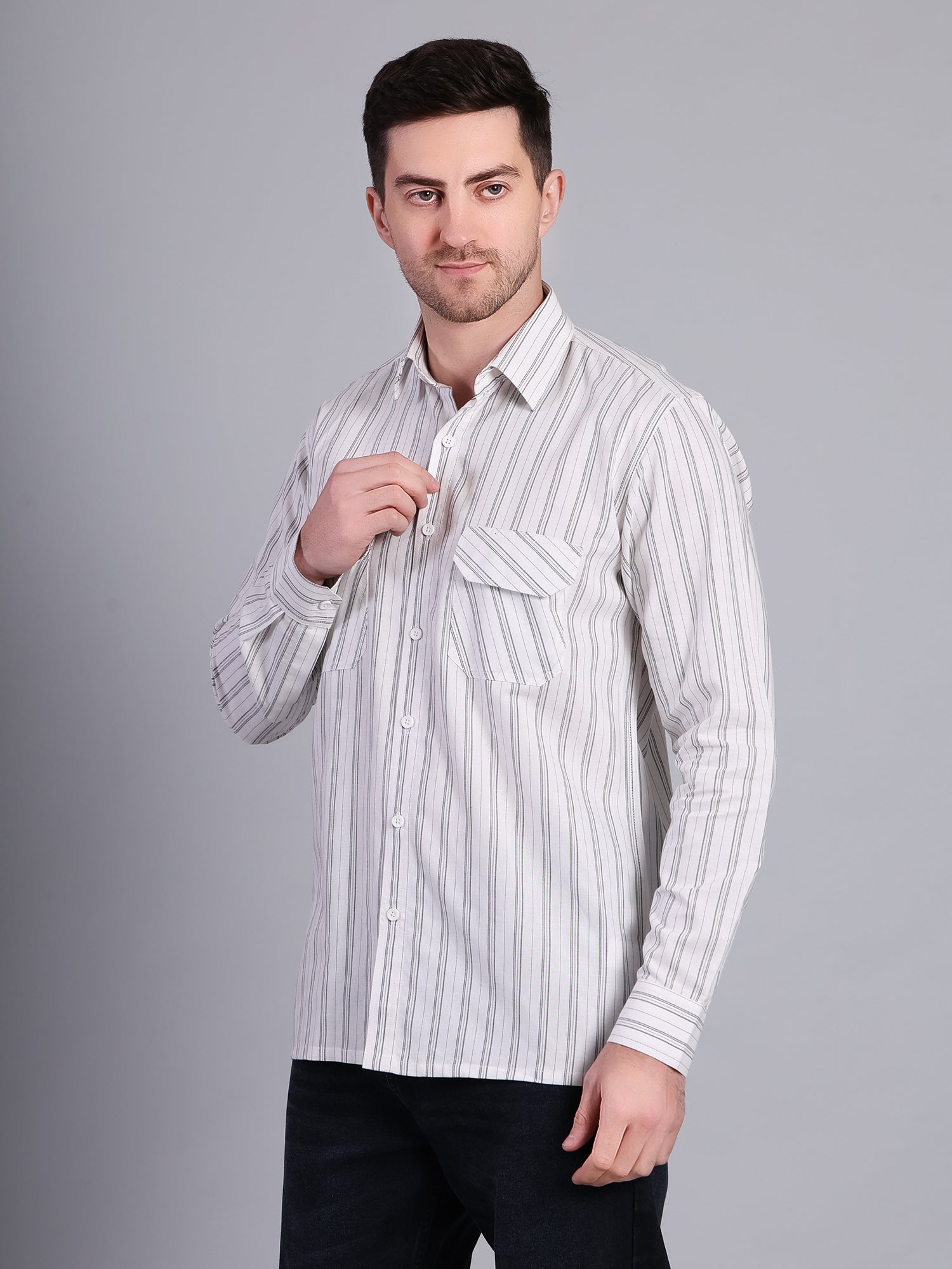 Stylox Men’s Regular Fit White Vertical Striped Full Sleeve Casual Shirt - Stylox