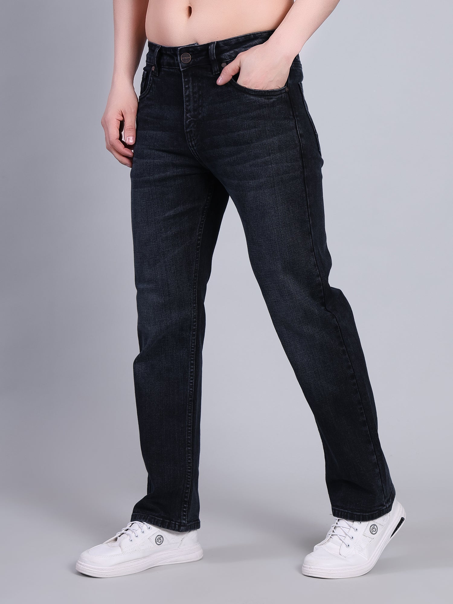 Stylox Men’s Mid-Rise Straight Fit Classic Washed Denim Jeans-Mid Grey - Stylox
