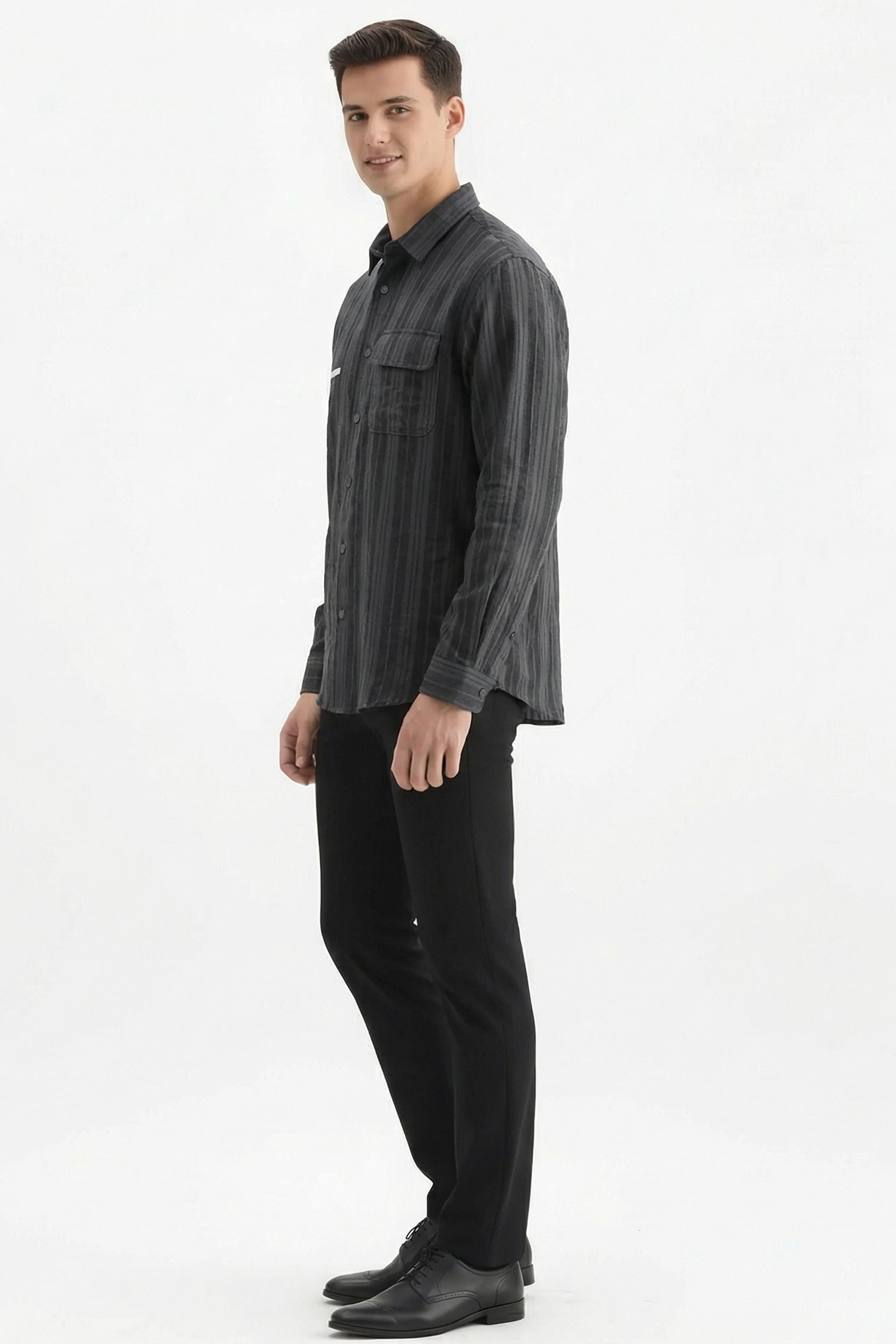 Stylox Men’s Regular-Fit Shacket Shirt – Self-Striped Full Sleeve Button-Down Overshirt with Chest Pockets (Black)