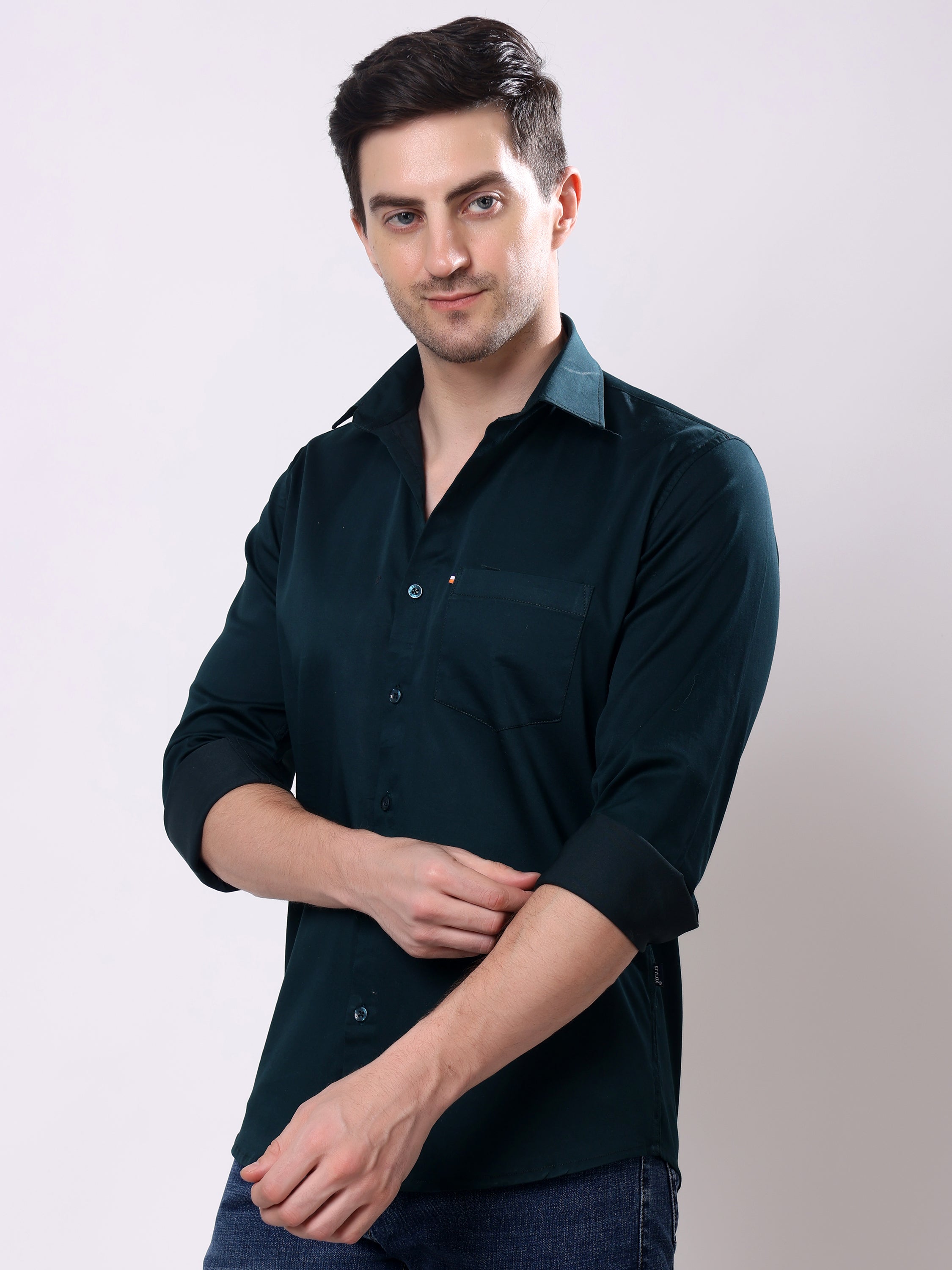 Stylox Men’s Regular Fit Full Sleeve Solid Cotton Satin Casual Shirt - Stylox