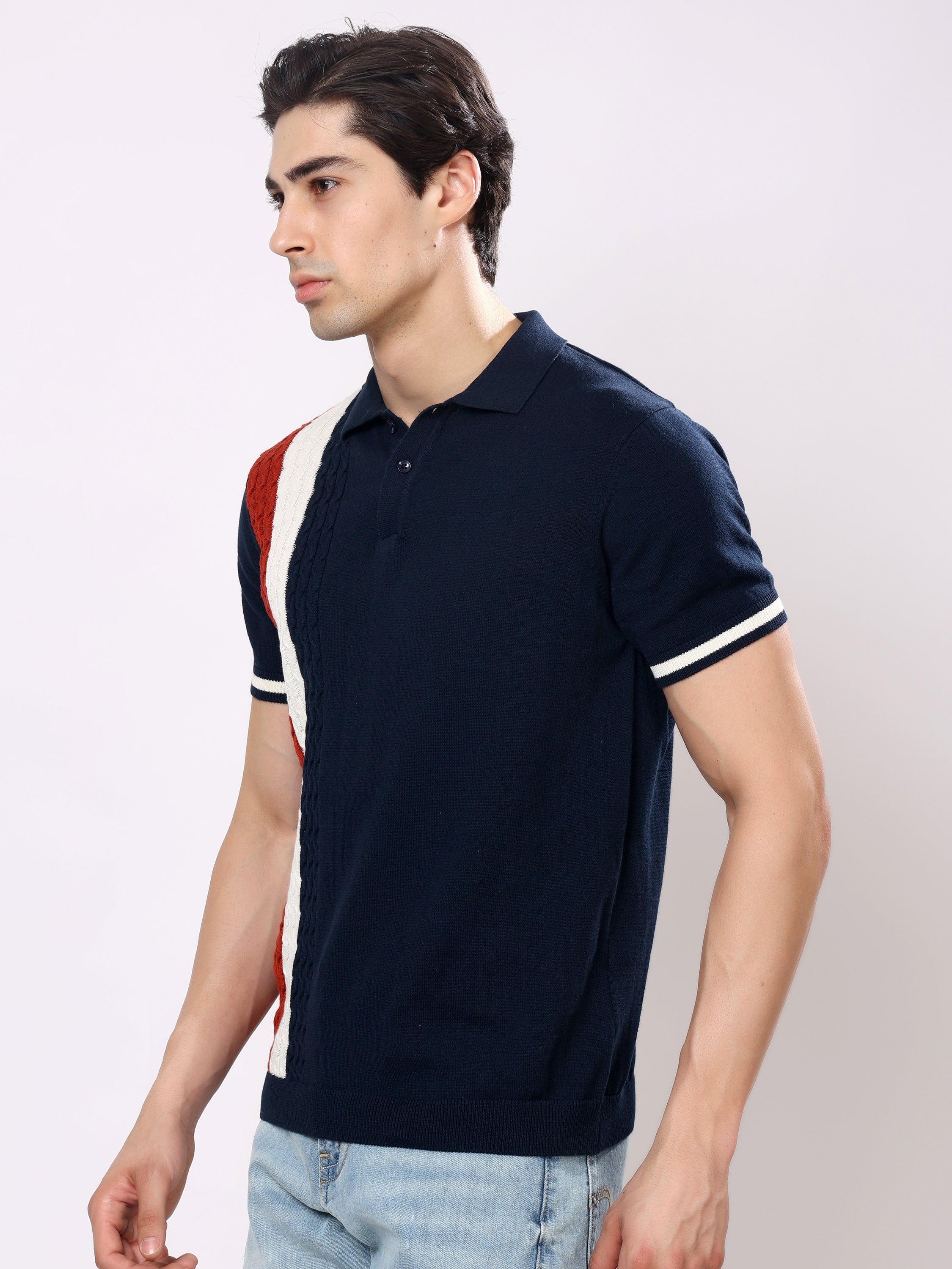 Stylox Men's Regular Fit Half Sleeve Navy Knitted Color Block Polo Tee