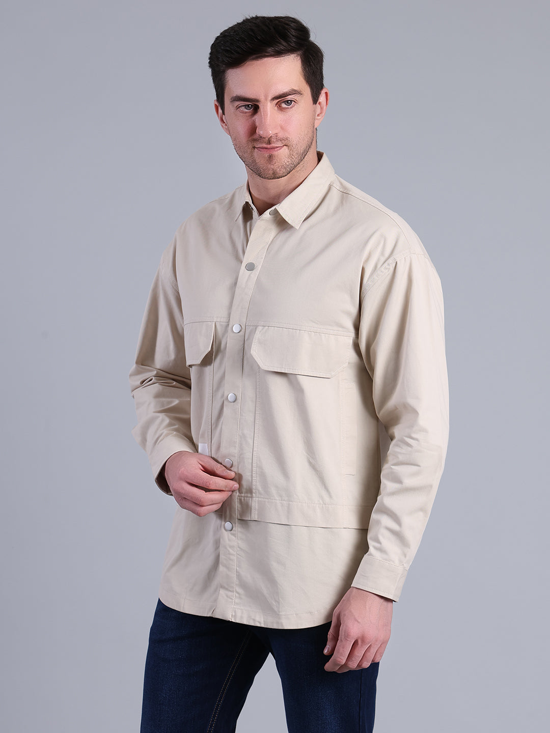 Stylox Men’s Solid Winter Shacket with Snap Buttons & Utility Pockets (Beige) - Stylox
