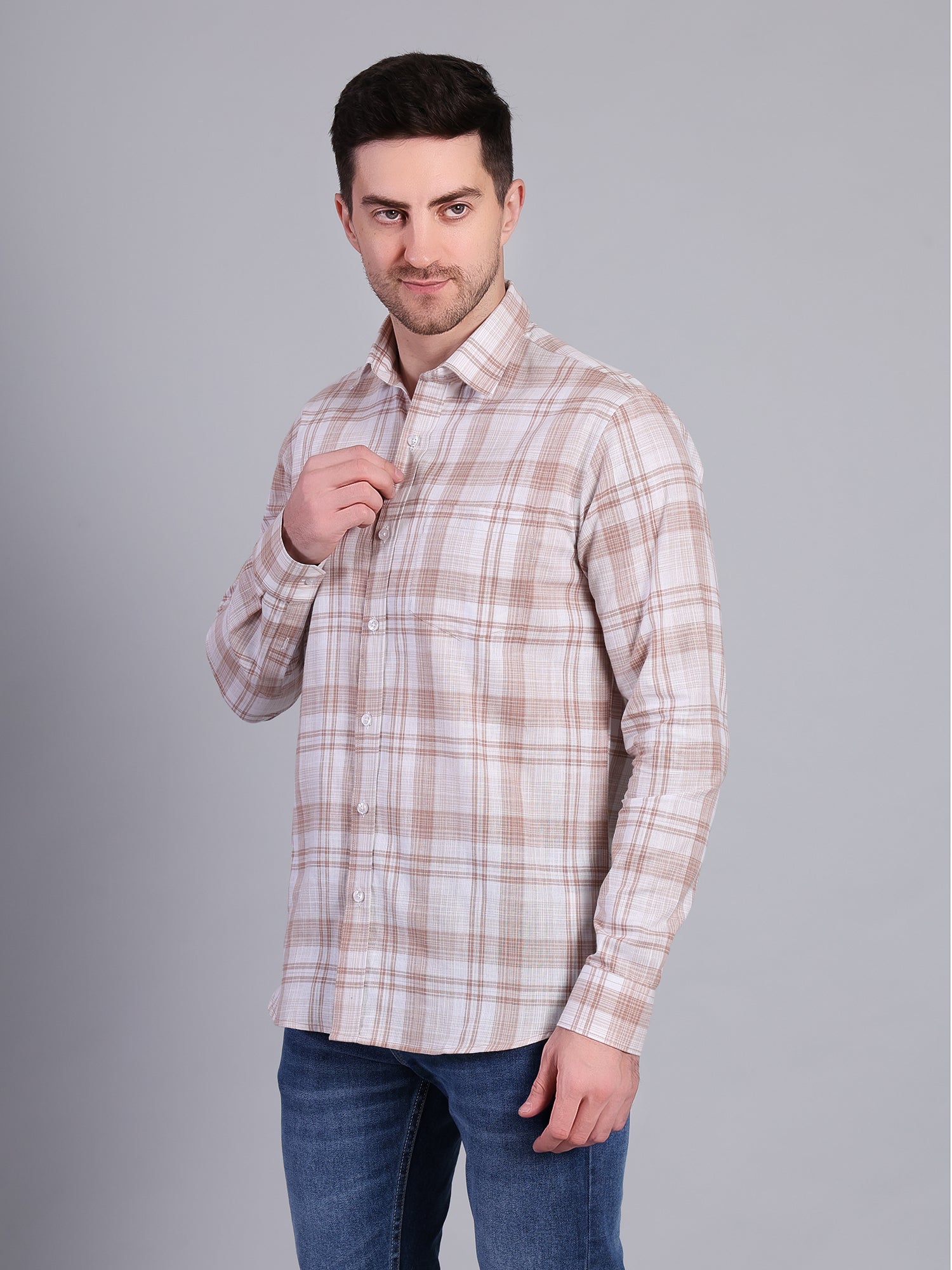 Stylox Men’s Regular Fit Checked Full Sleeve Casual Shirt-Brown - Stylox