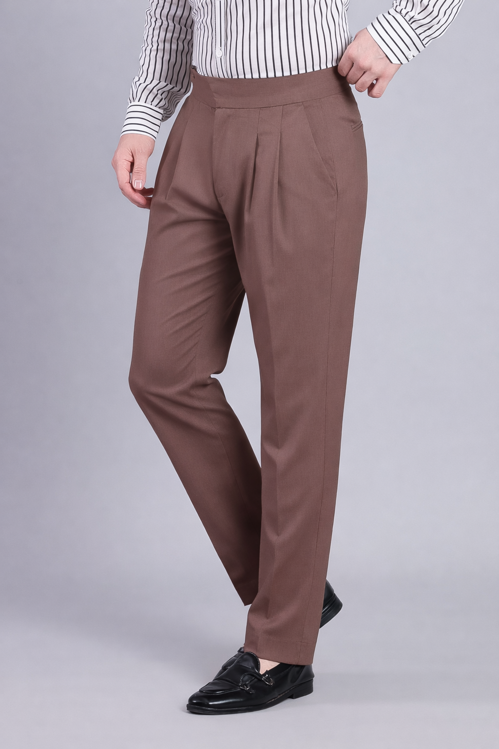 Stylox Men’s Gorkha High Waist Pleated Formal Trousers with Side Adjusters-Brown - Stylox